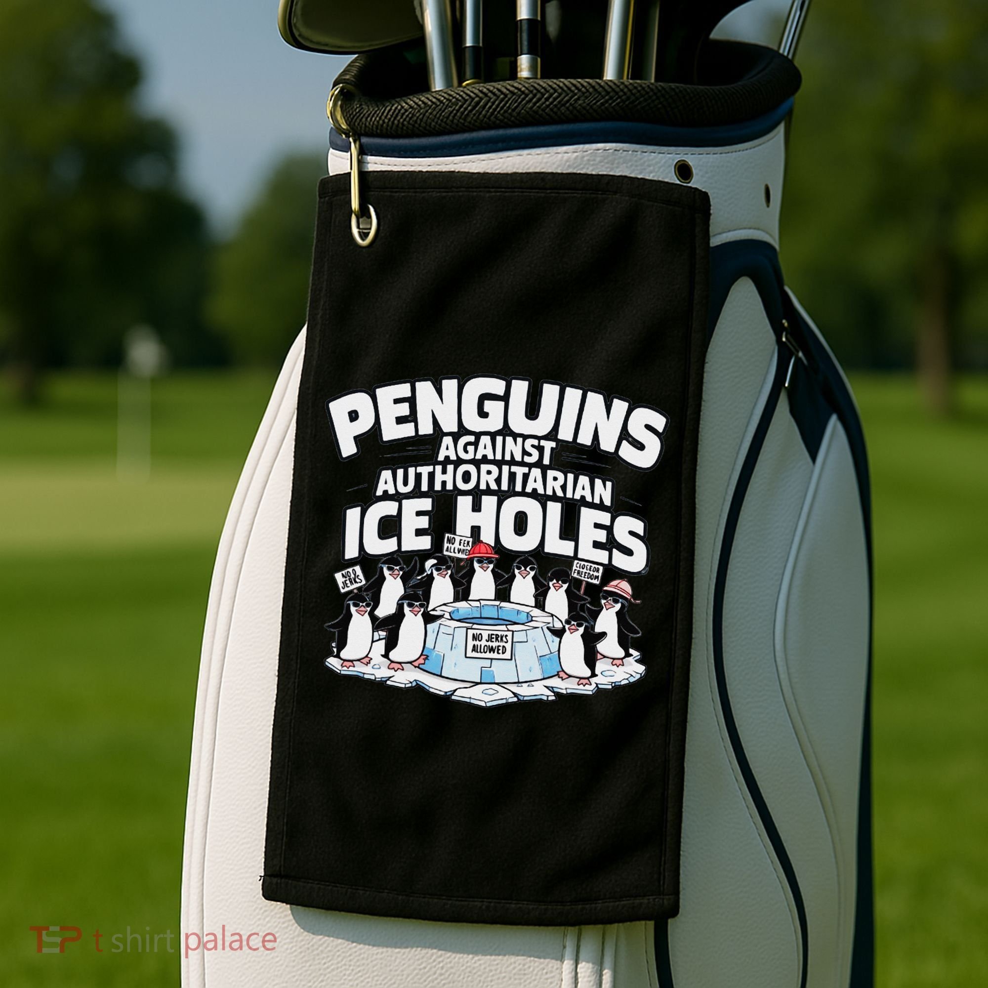 Resist Penguins Protest Funny Penguins Against Golf Towel