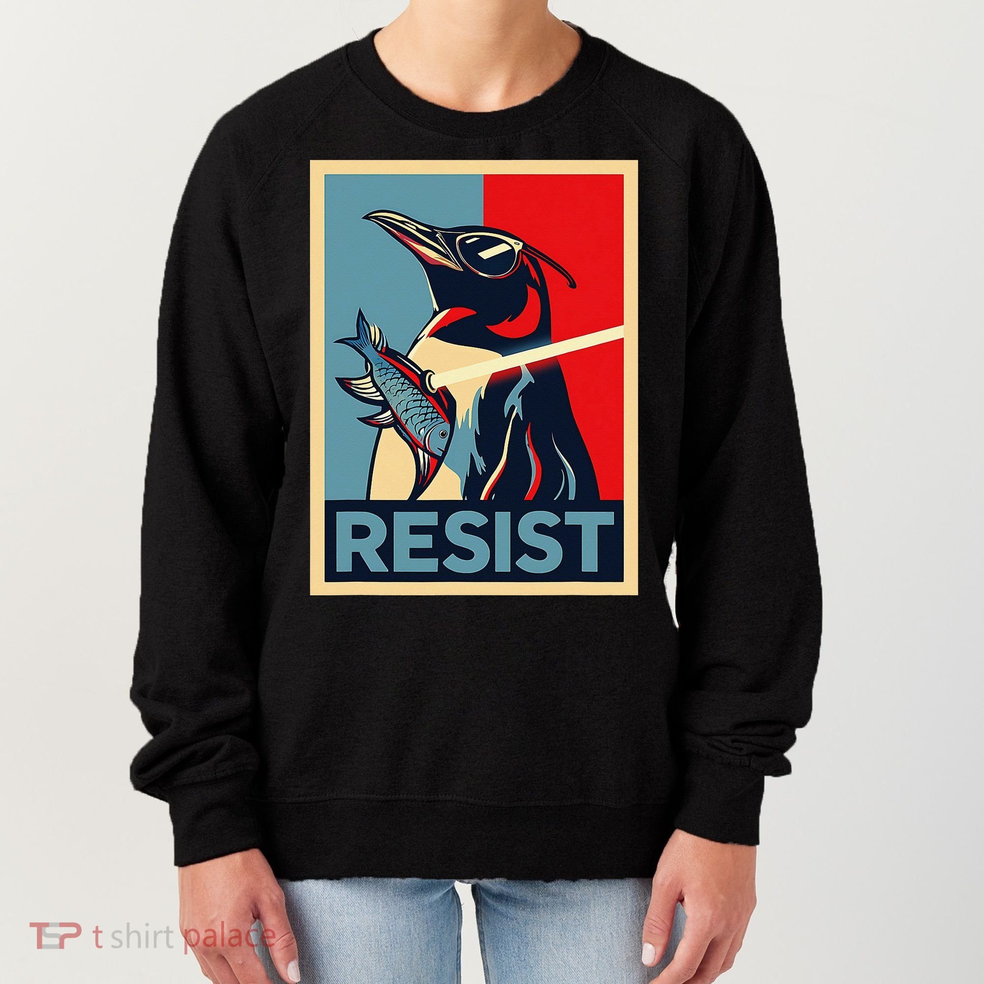 Resist Penguin Protest Bird With Sunglasses Sword Fish Art Women's Sweatshirt