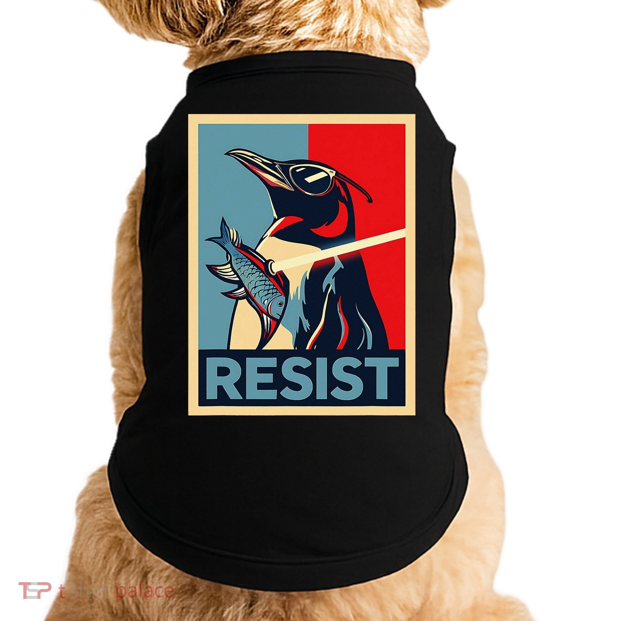 Resist Penguin Protest Bird With Sunglasses Sword Fish Art Doggie Tank