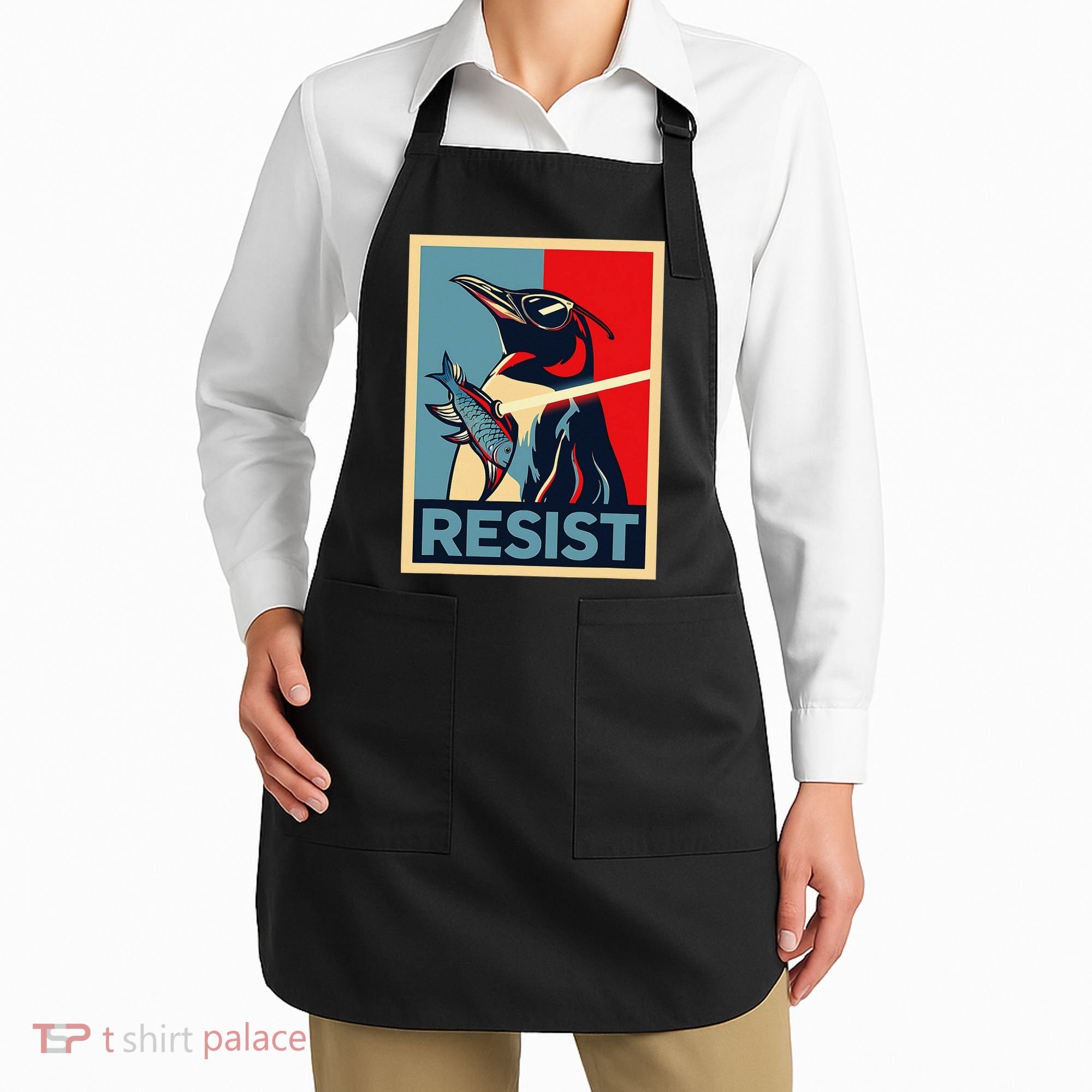 Resist Penguin Protest Bird With Sunglasses Sword Fish Art Apron