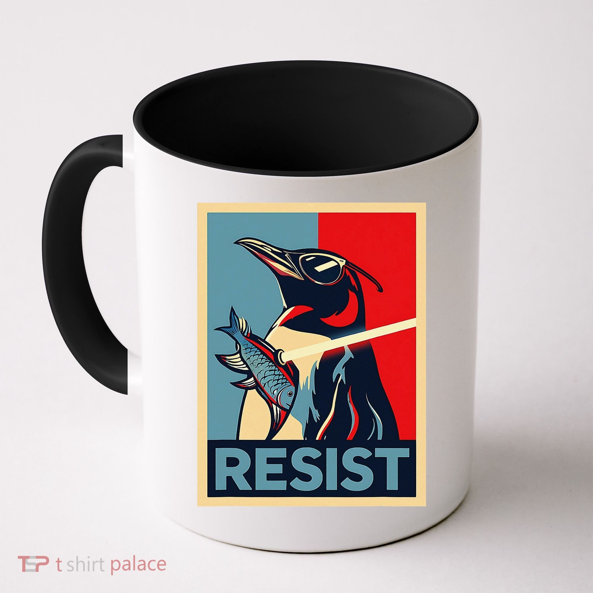 Resist Penguin Protest Bird With Sunglasses Sword Fish Art Coffee Mug