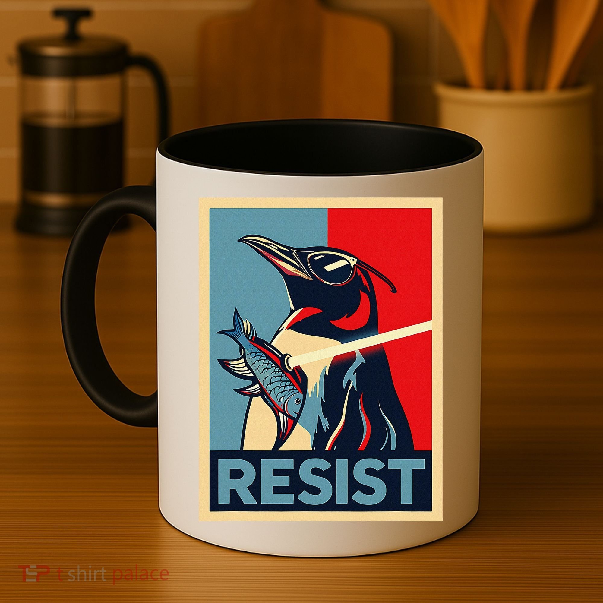 Resist Penguin Protest Bird With Sunglasses Sword Fish Art Coffee Mug