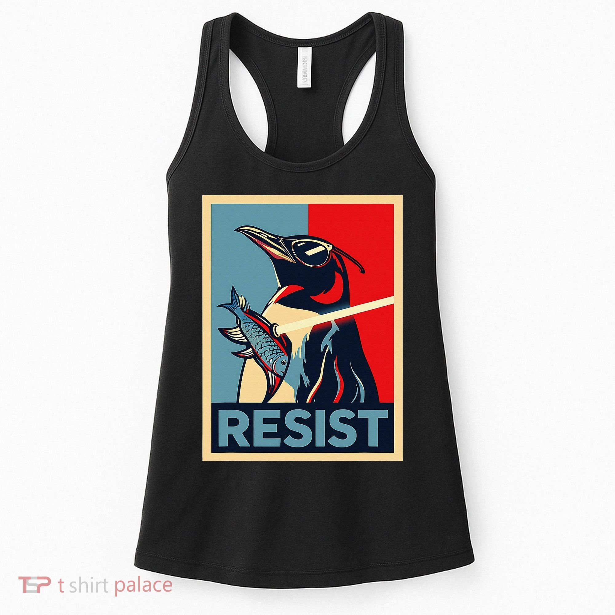 Resist Penguin Protest Bird With Sunglasses Sword Fish Art Women's Tank Top