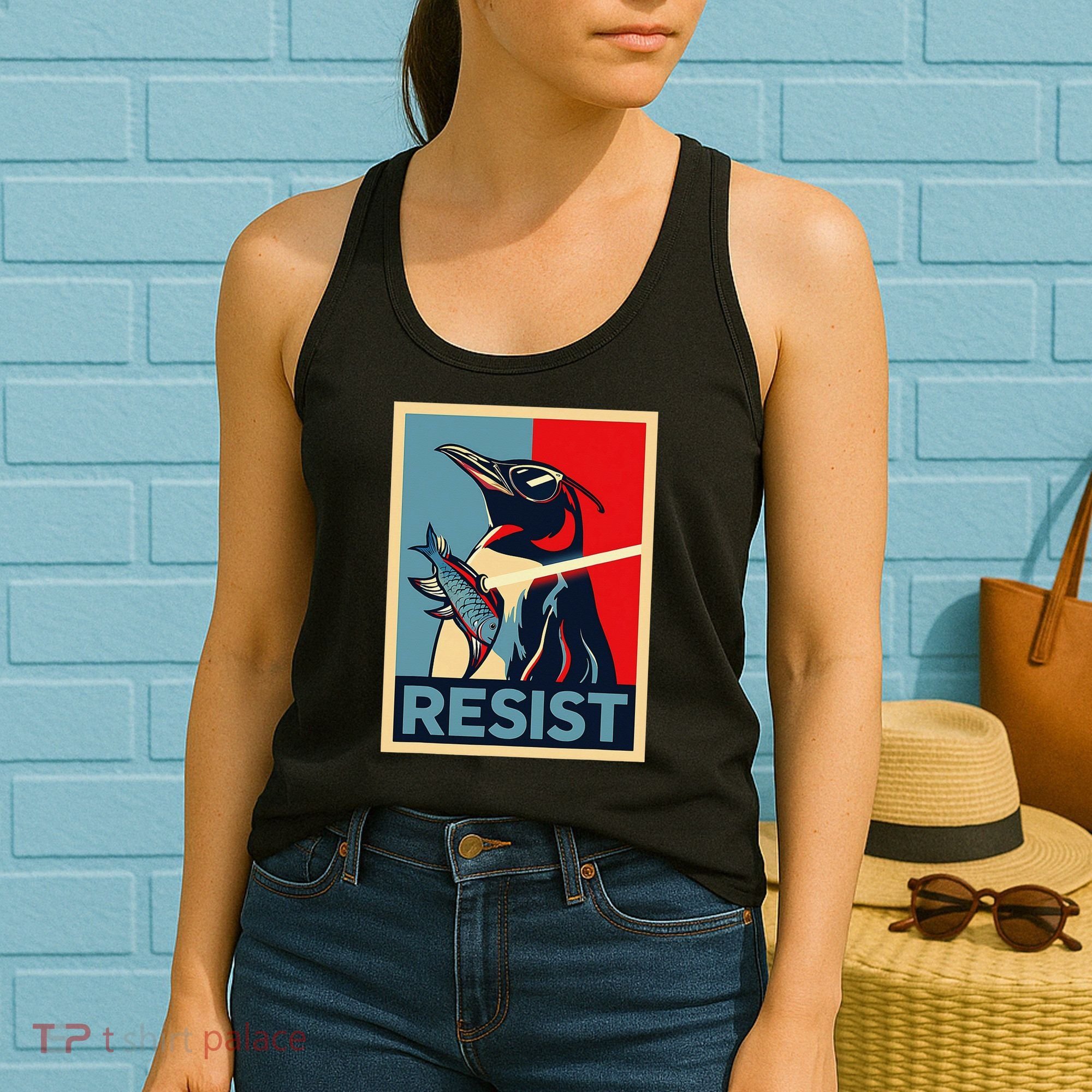 Resist Penguin Protest Bird With Sunglasses Sword Fish Art Women's Tank Top