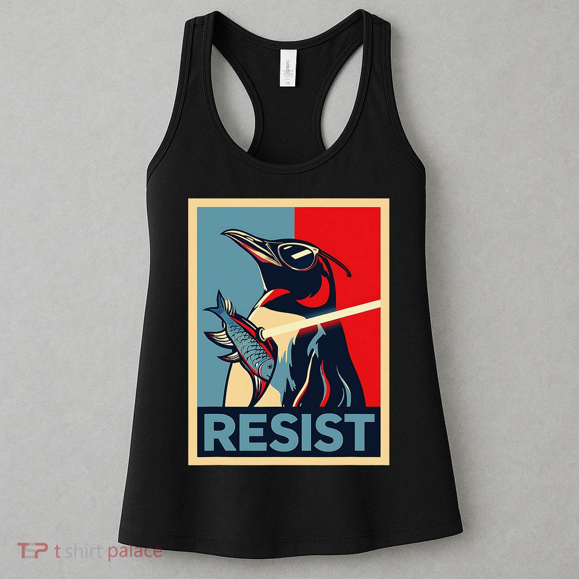 Resist Penguin Protest Bird With Sunglasses Sword Fish Art Women's Tank Top