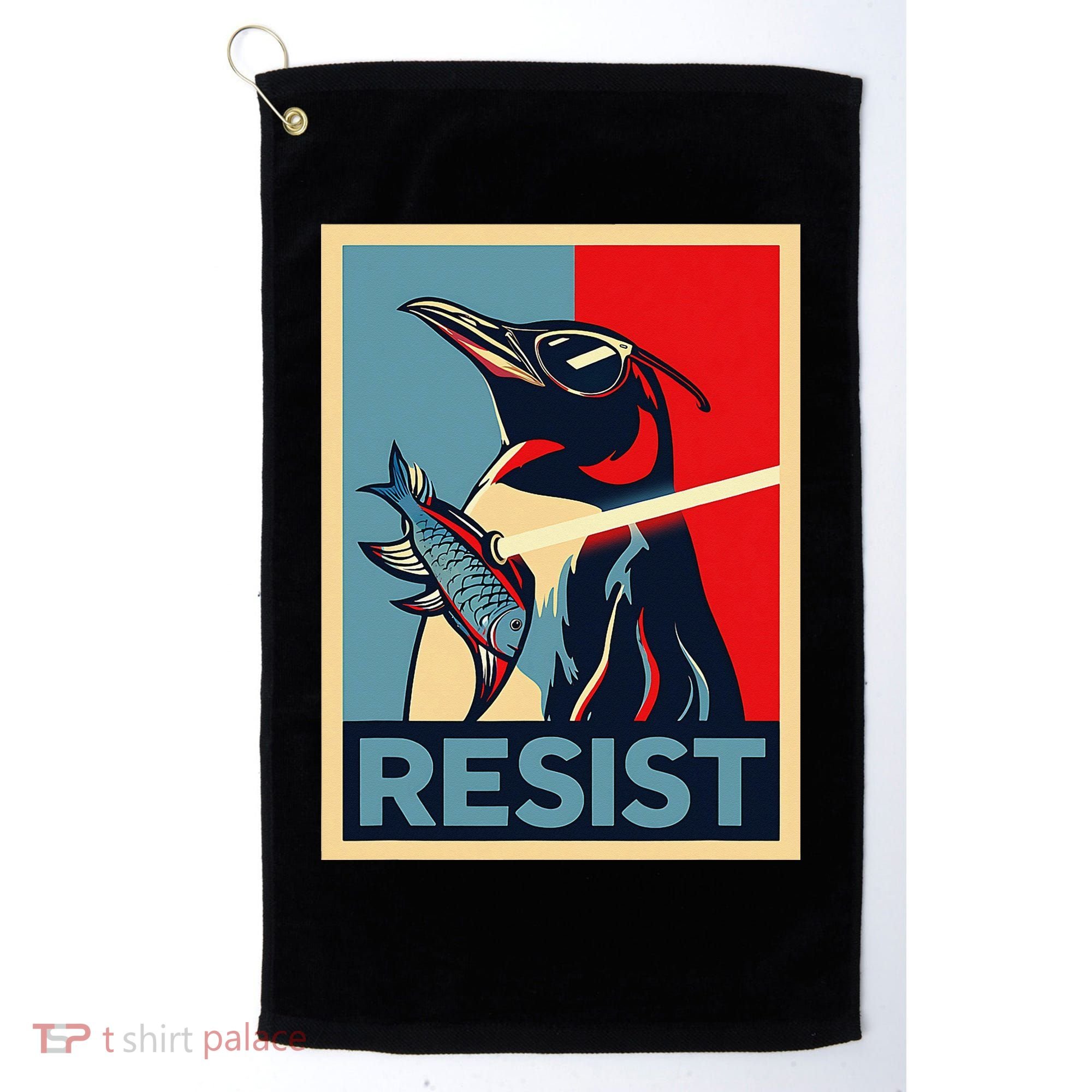 Resist Penguin Protest Bird With Sunglasses Sword Fish Art Golf Towel