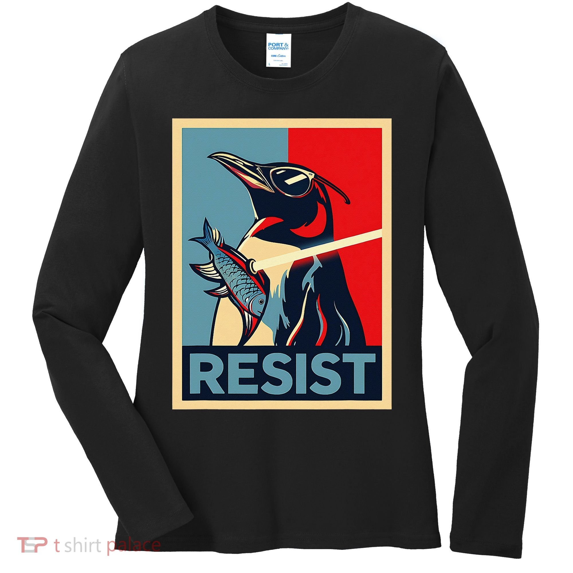 Resist Penguin Protest Bird With Sunglasses Sword Fish Art Women's Long Sleeve Shirt