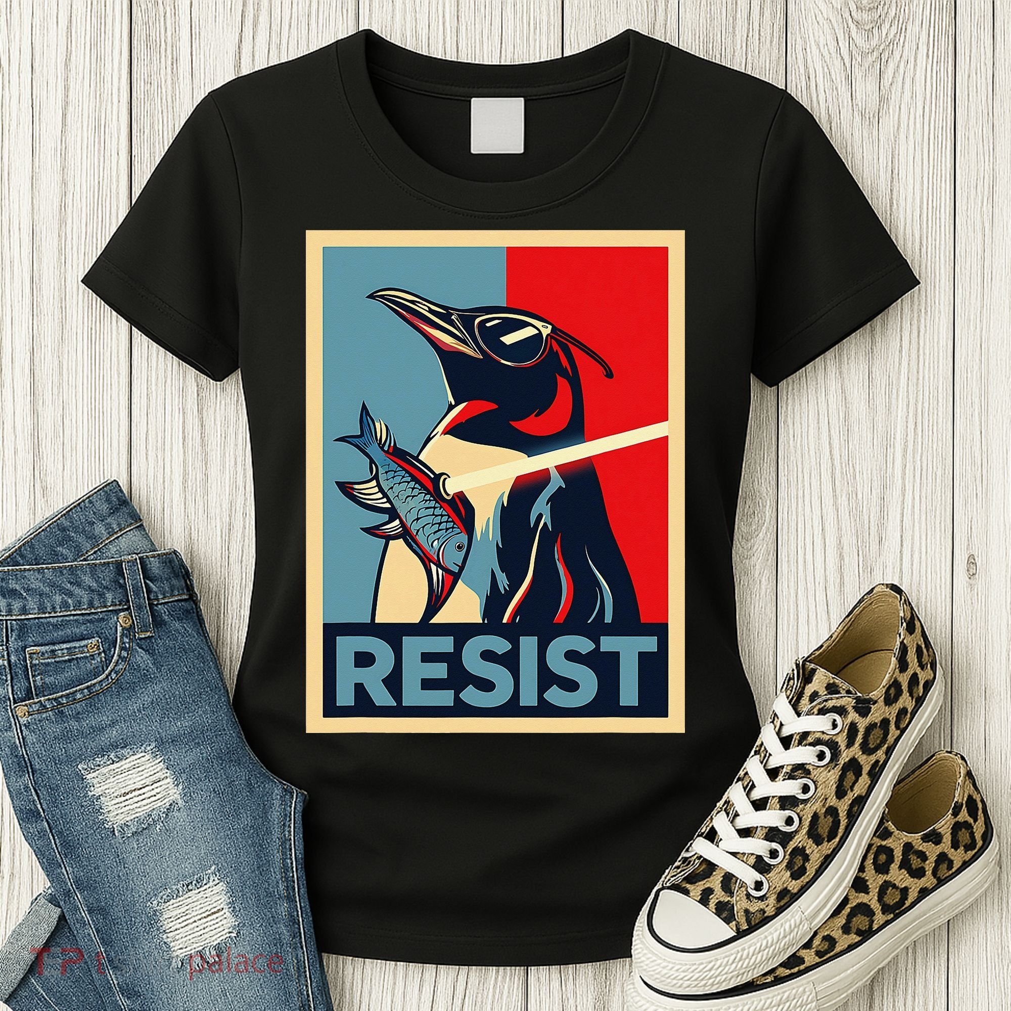 Resist Penguin Protest Bird With Sunglasses Sword Fish Art Women's T-Shirt