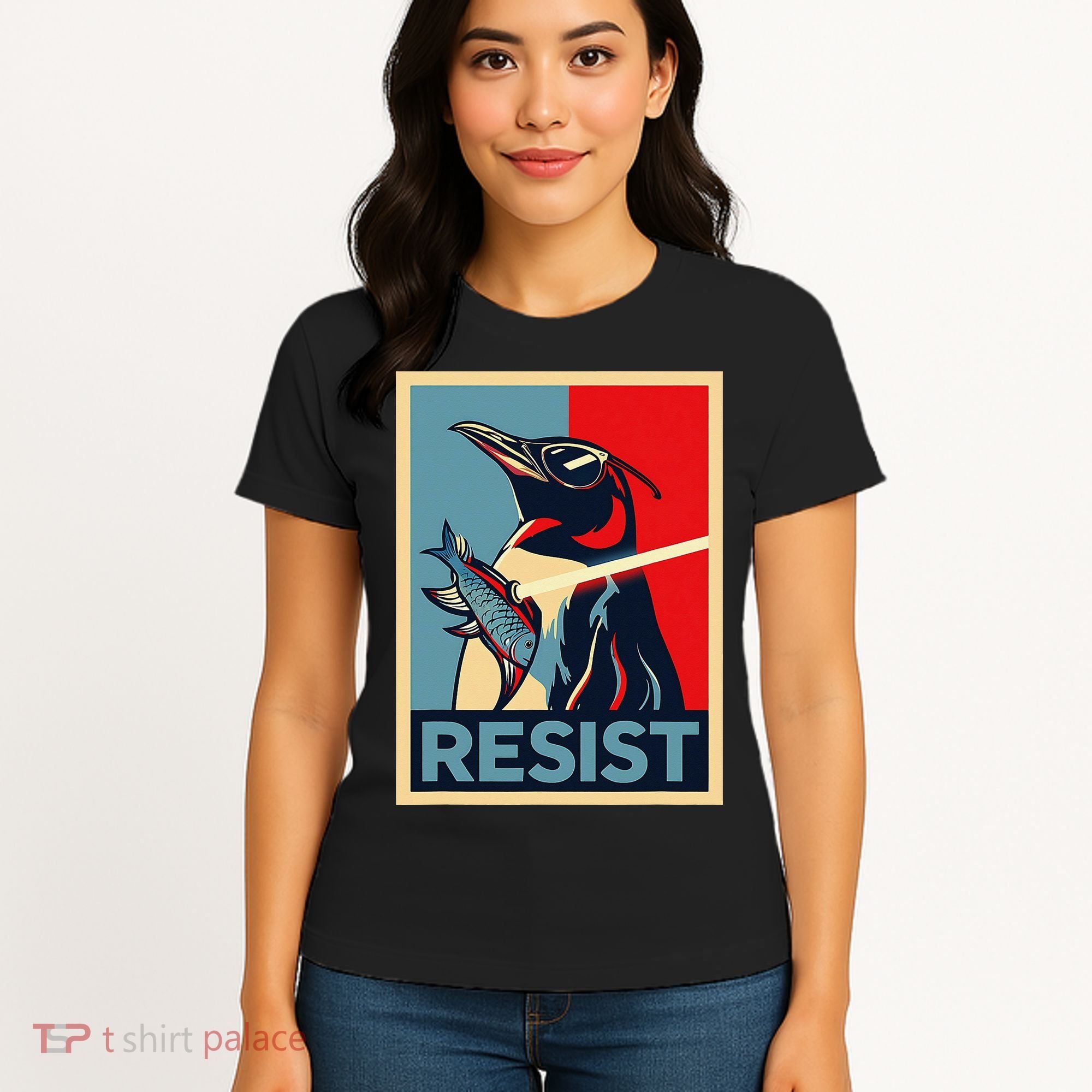 Resist Penguin Protest Bird With Sunglasses Sword Fish Art Women's T-Shirt