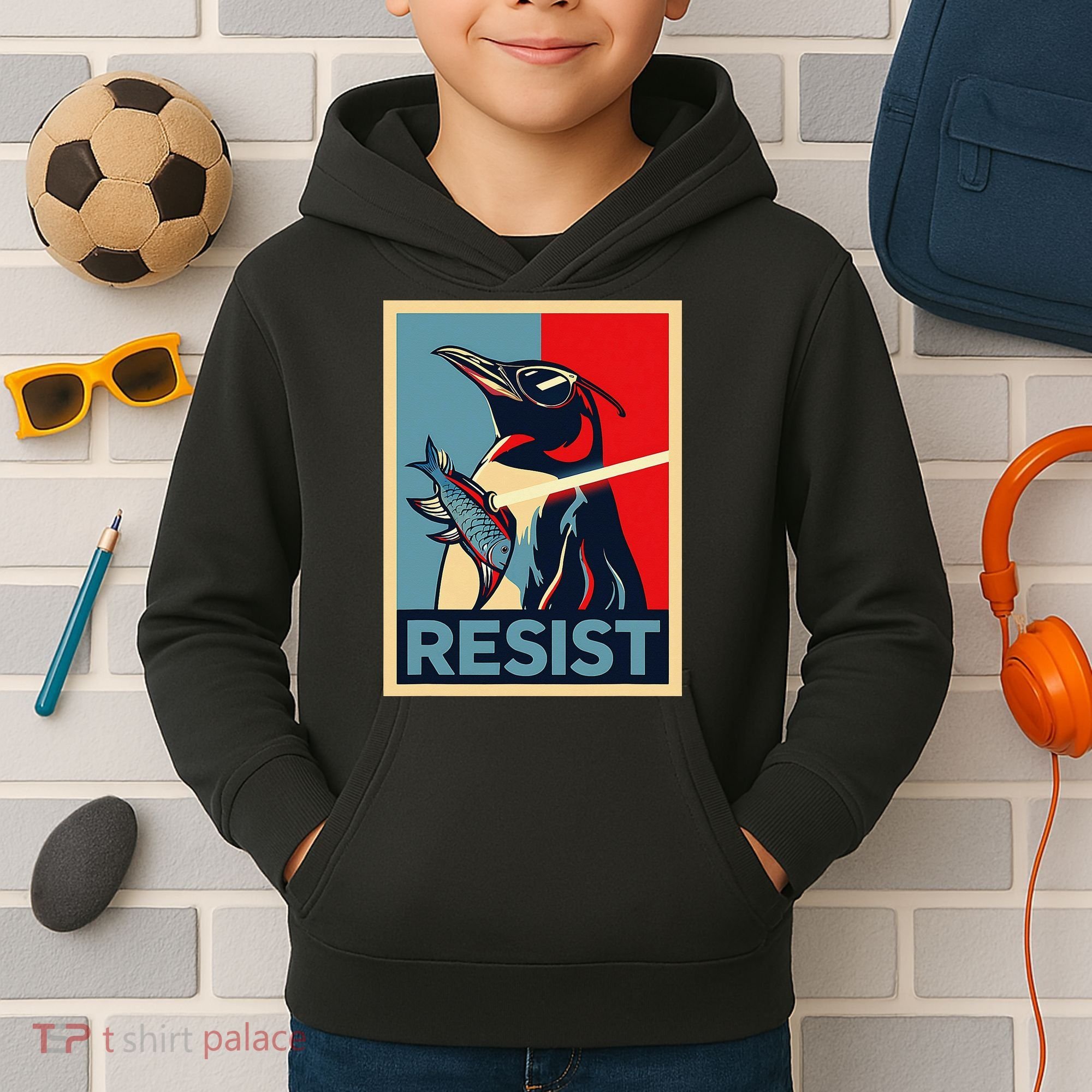 Resist Penguin Protest Bird With Sunglasses Sword Fish Art Kids Hoodie