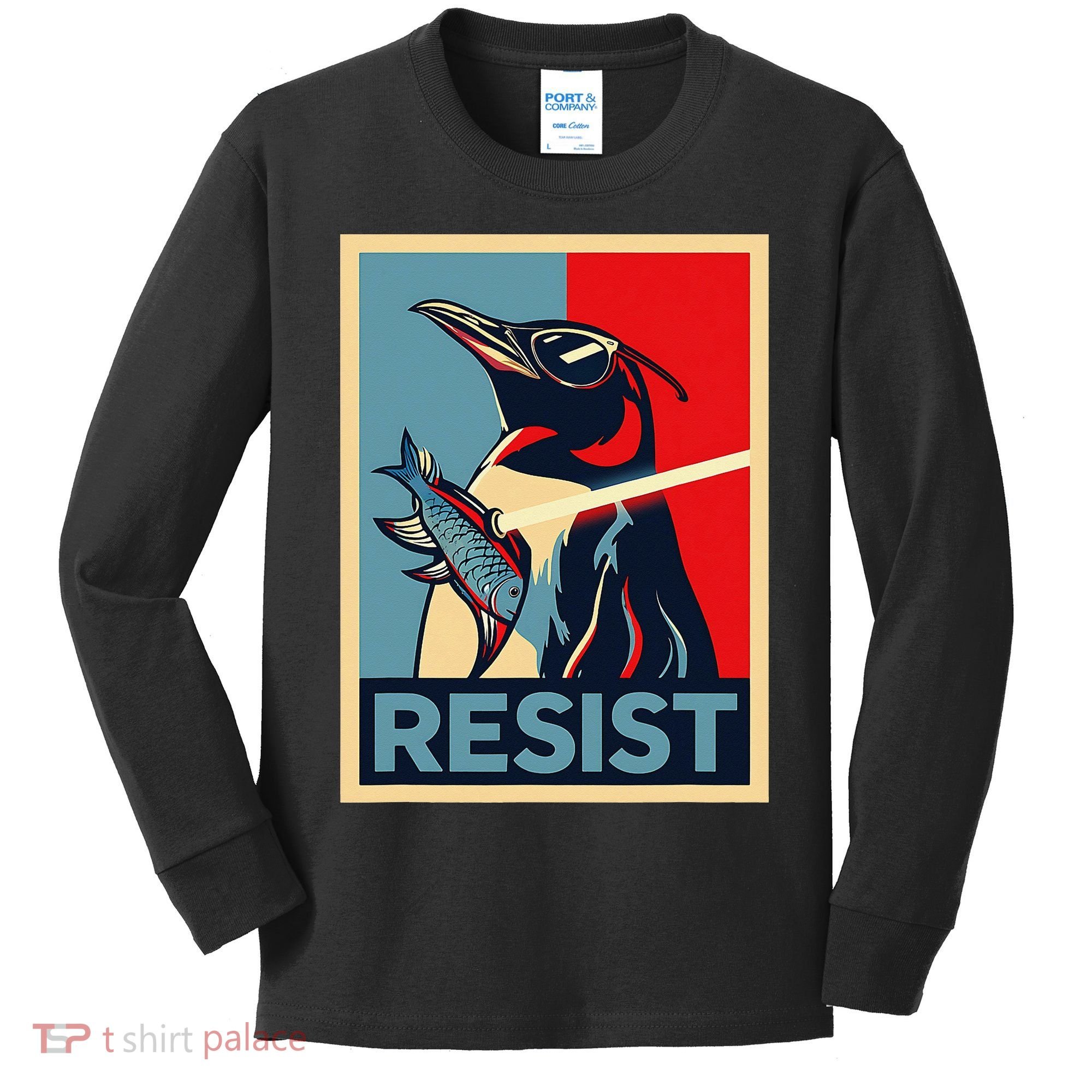 Resist Penguin Protest Bird With Sunglasses Sword Fish Art Kids Long Sleeve Shirt