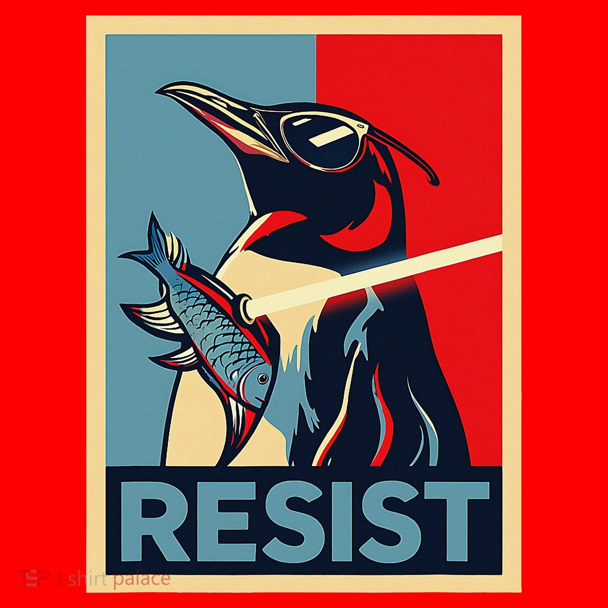 Resist Penguin Protest Bird With Sunglasses Sword Fish Art Santa Hat