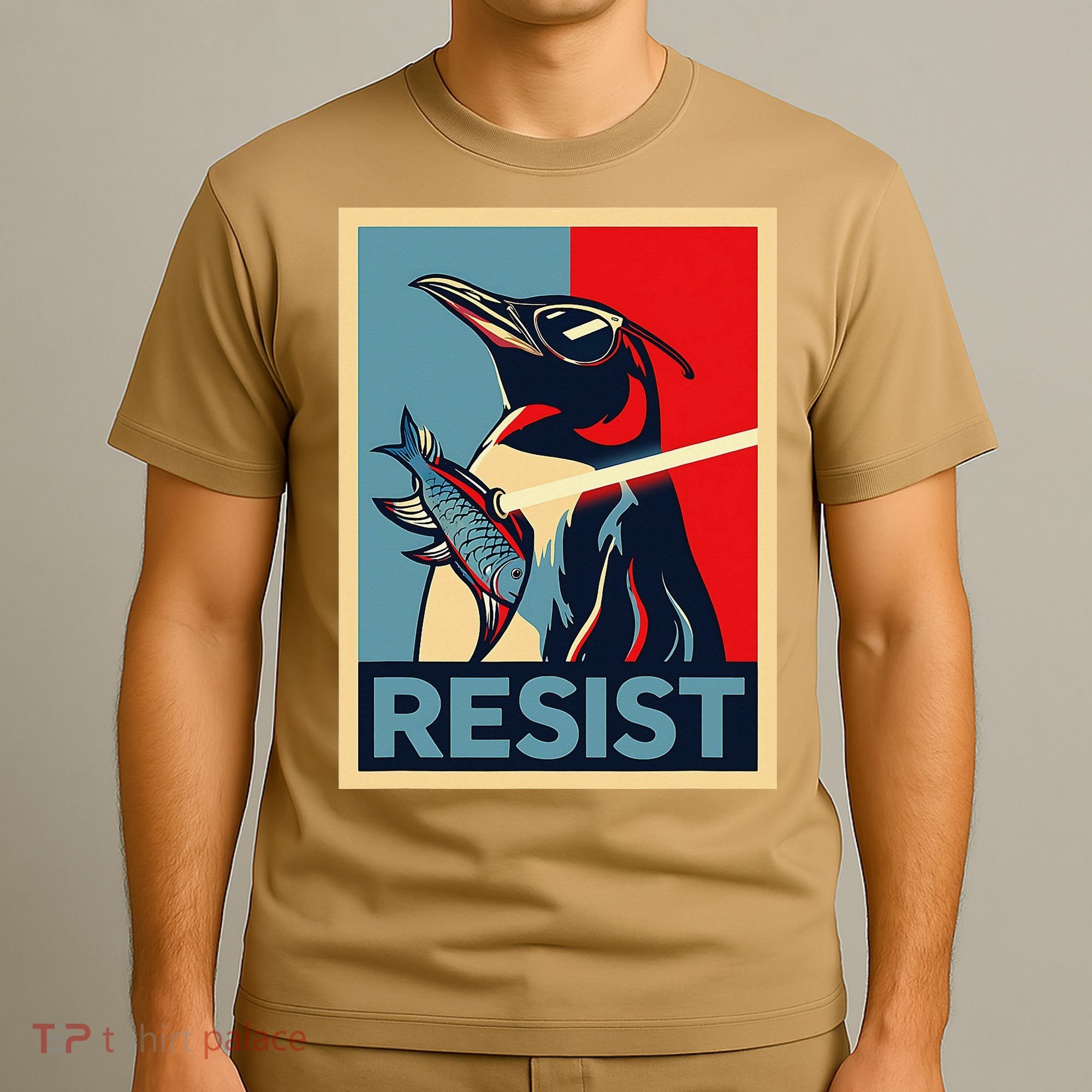 Resist Penguin Protest Bird With Sunglasses Sword Fish Art T-Shirt