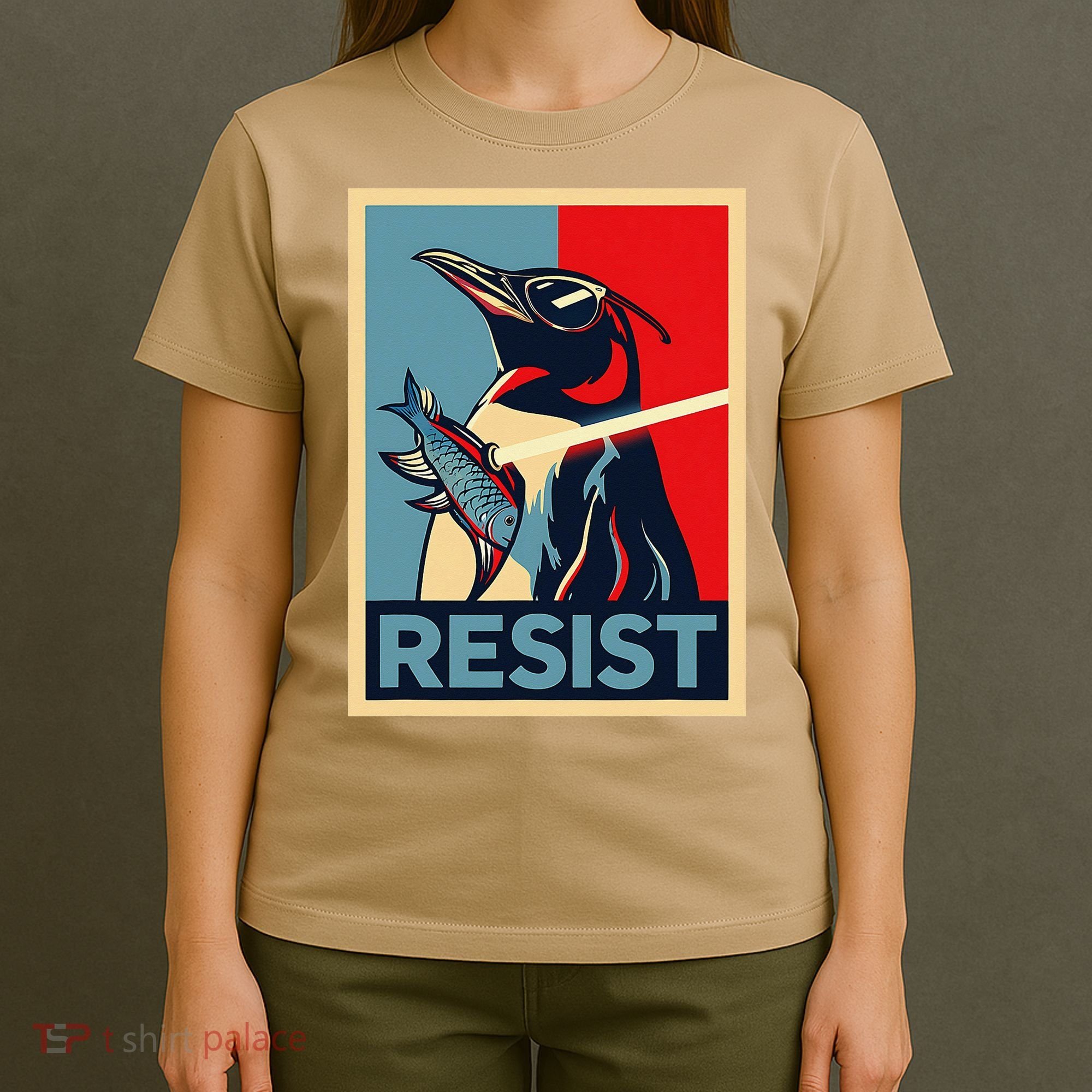Resist Penguin Protest Bird With Sunglasses Sword Fish Art T-Shirt