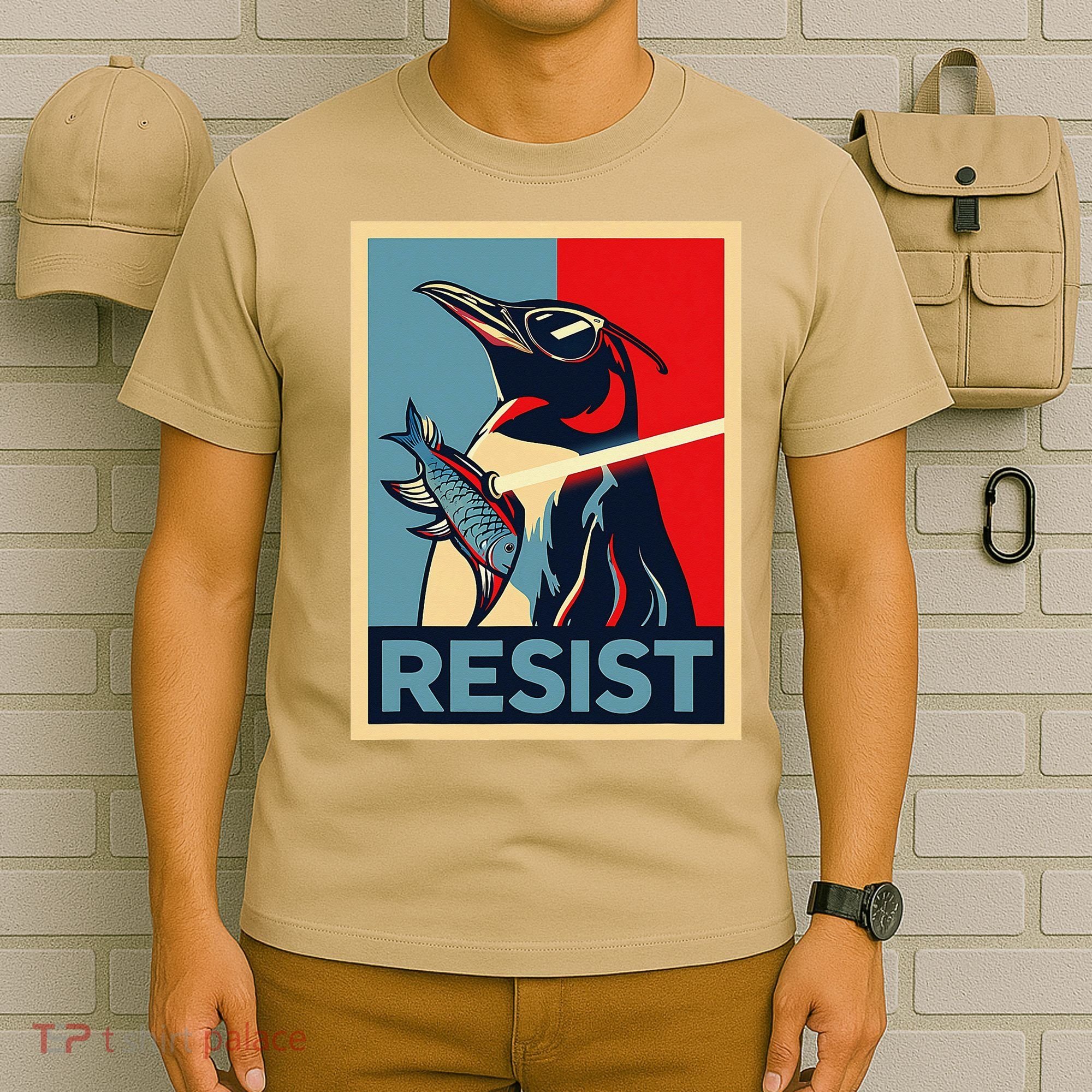 Resist Penguin Protest Bird With Sunglasses Sword Fish Art T-Shirt