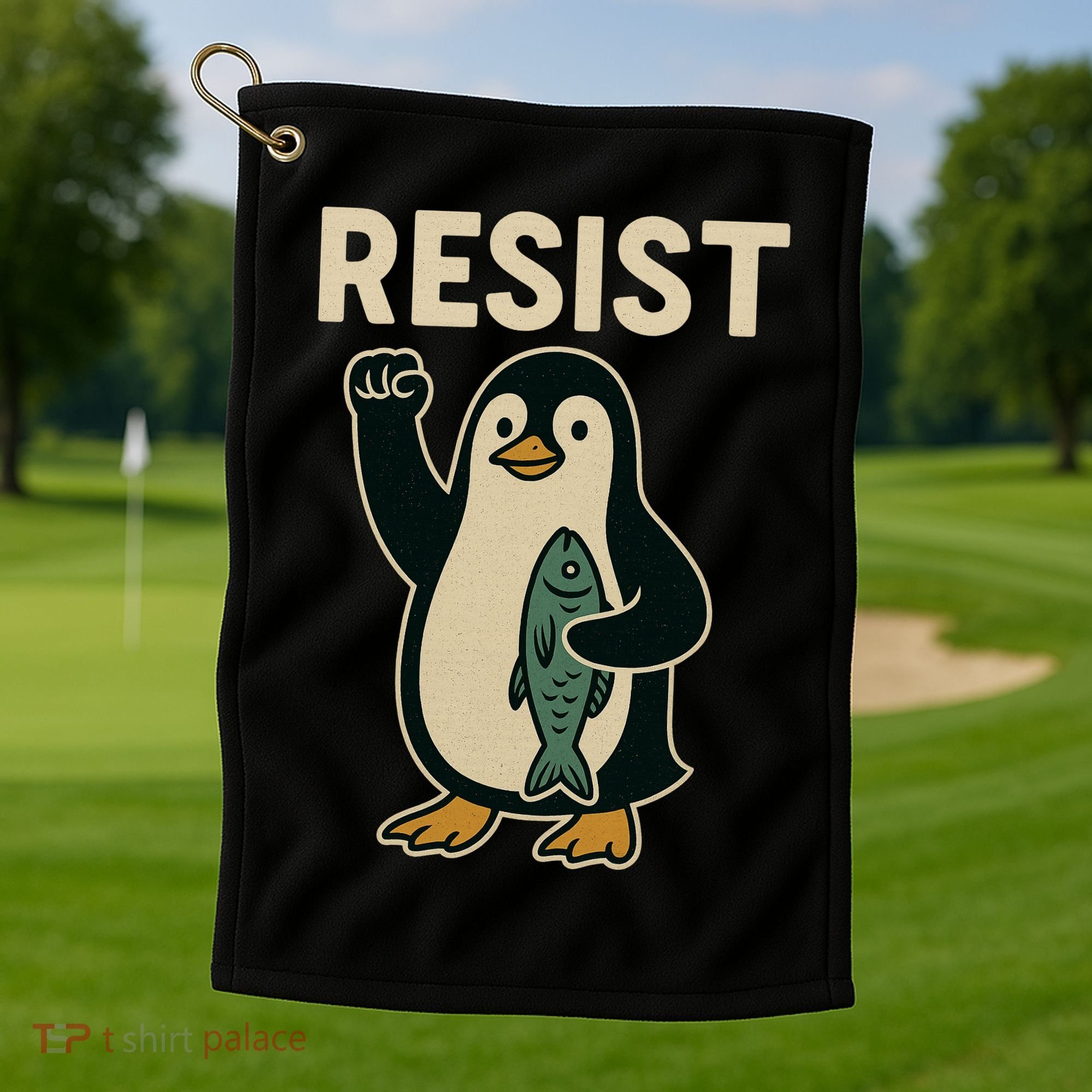 Resist Penguin Protest Against Tariffs Golf Towel