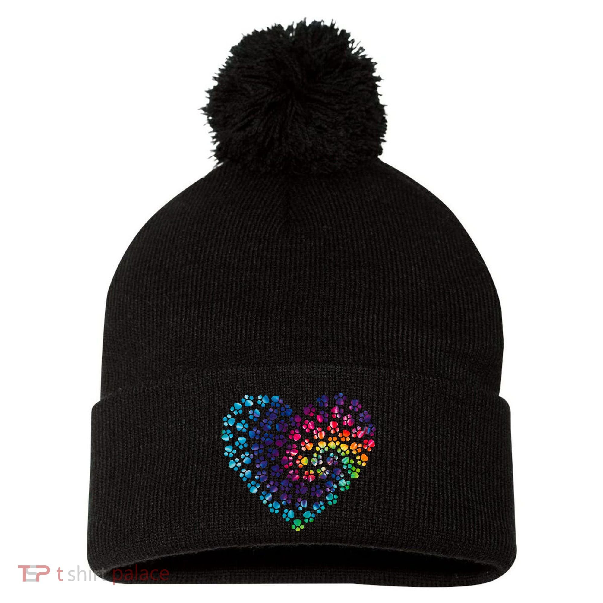Rainbow Paw Print Heart Dog Lover Pom Pom 12in Knit Beanie