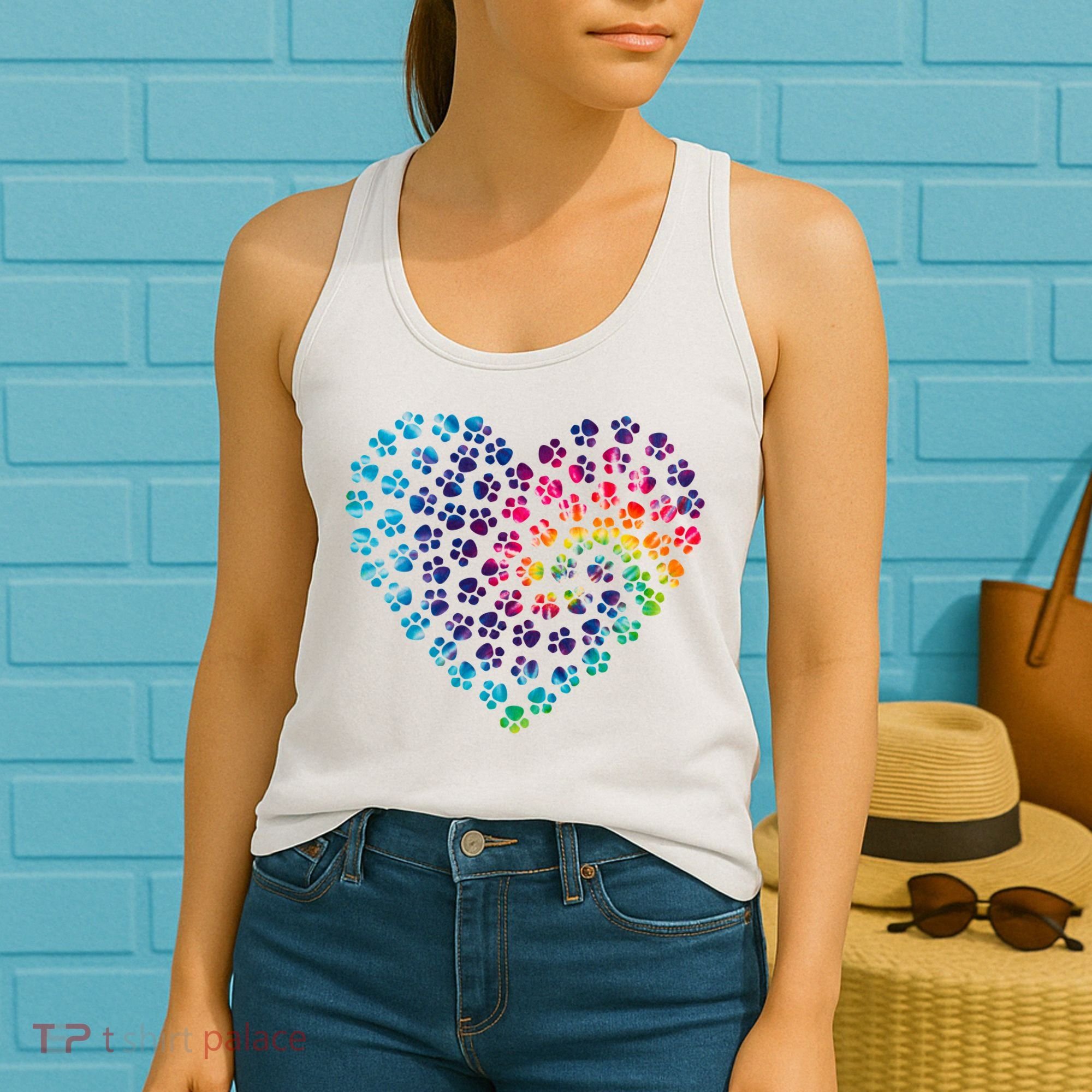 Rainbow Paw Print Heart Dog Lover Women's Tank Top