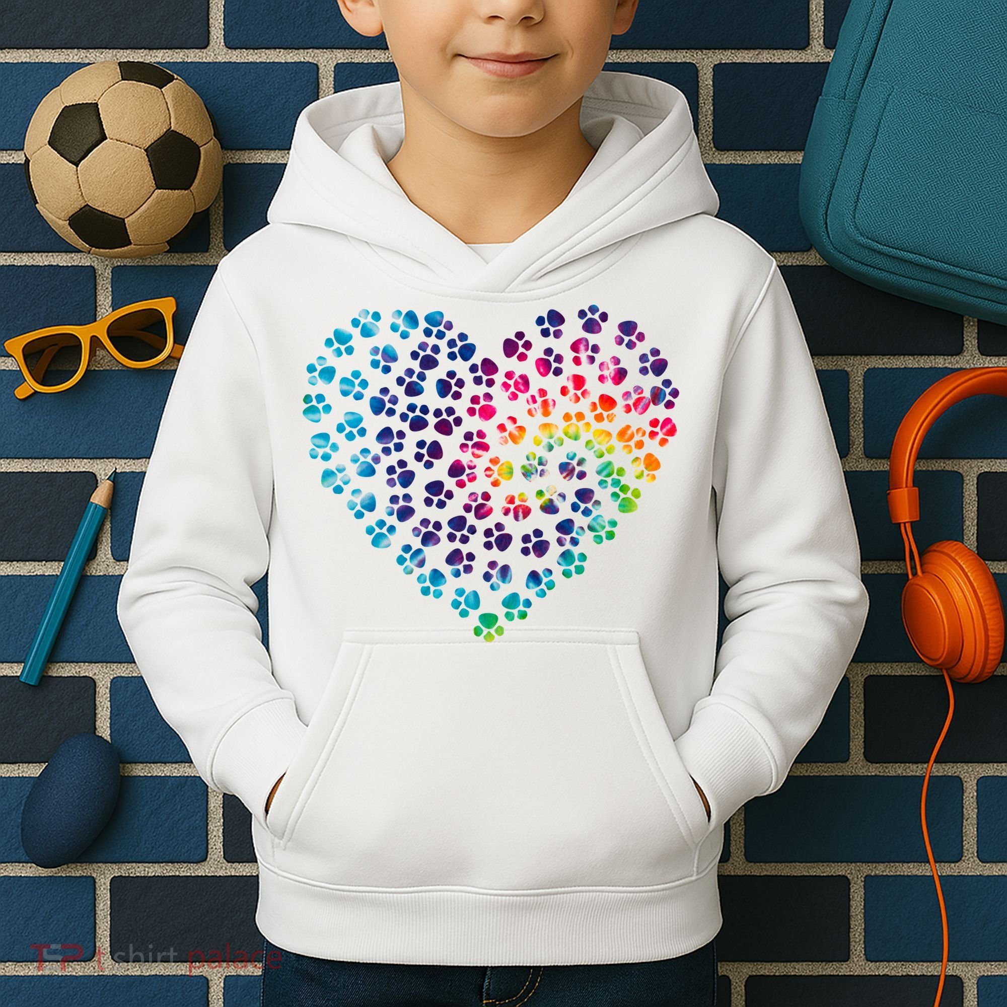 Rainbow Paw Print Heart Dog Lover Kids Hoodie