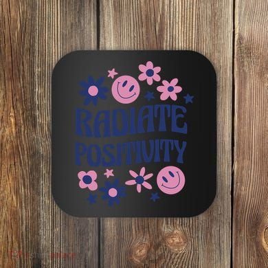 Radiate Positivity Retro Smiley Floral Quote Coaster