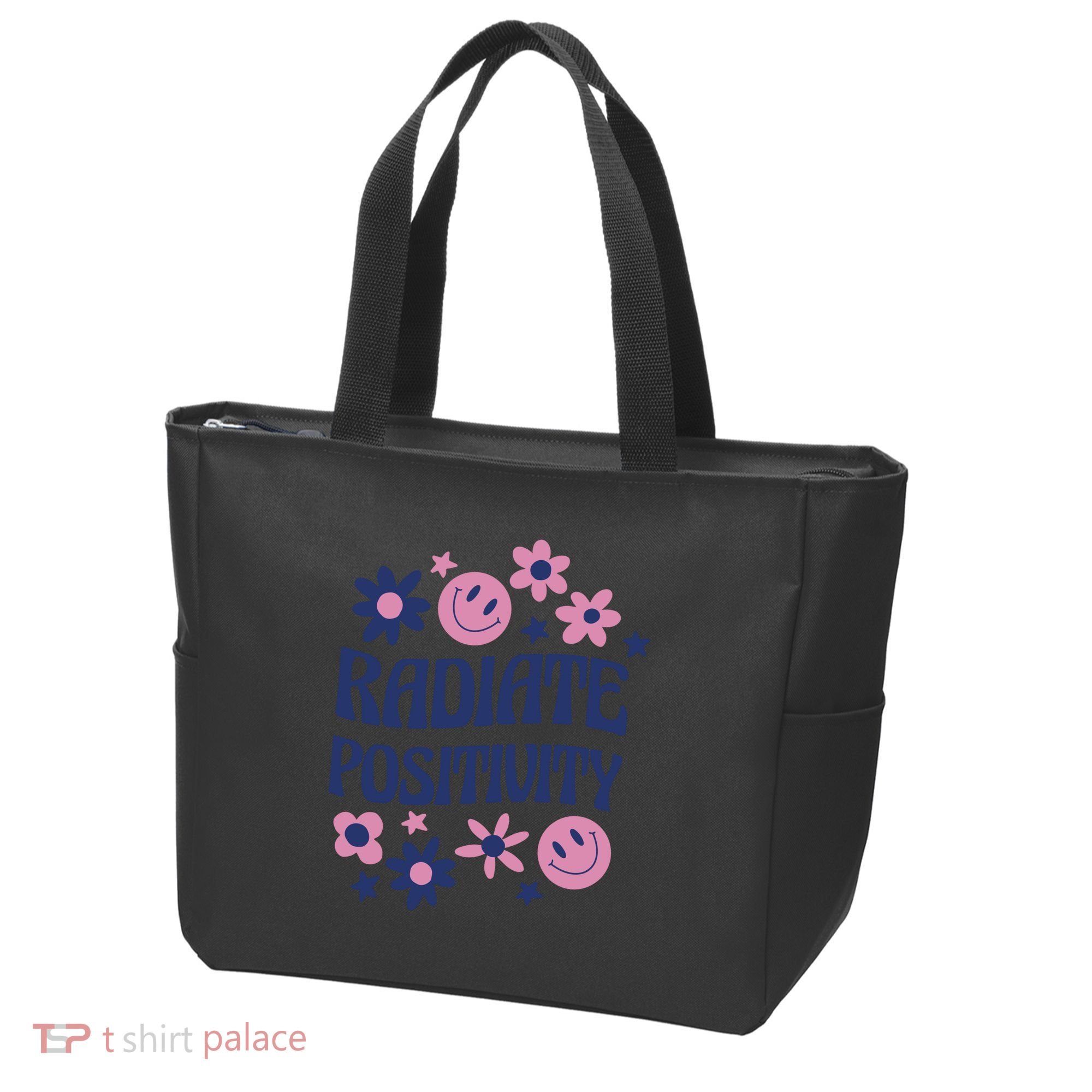 Radiate Positivity Retro Smiley Floral Quote Tote Bag