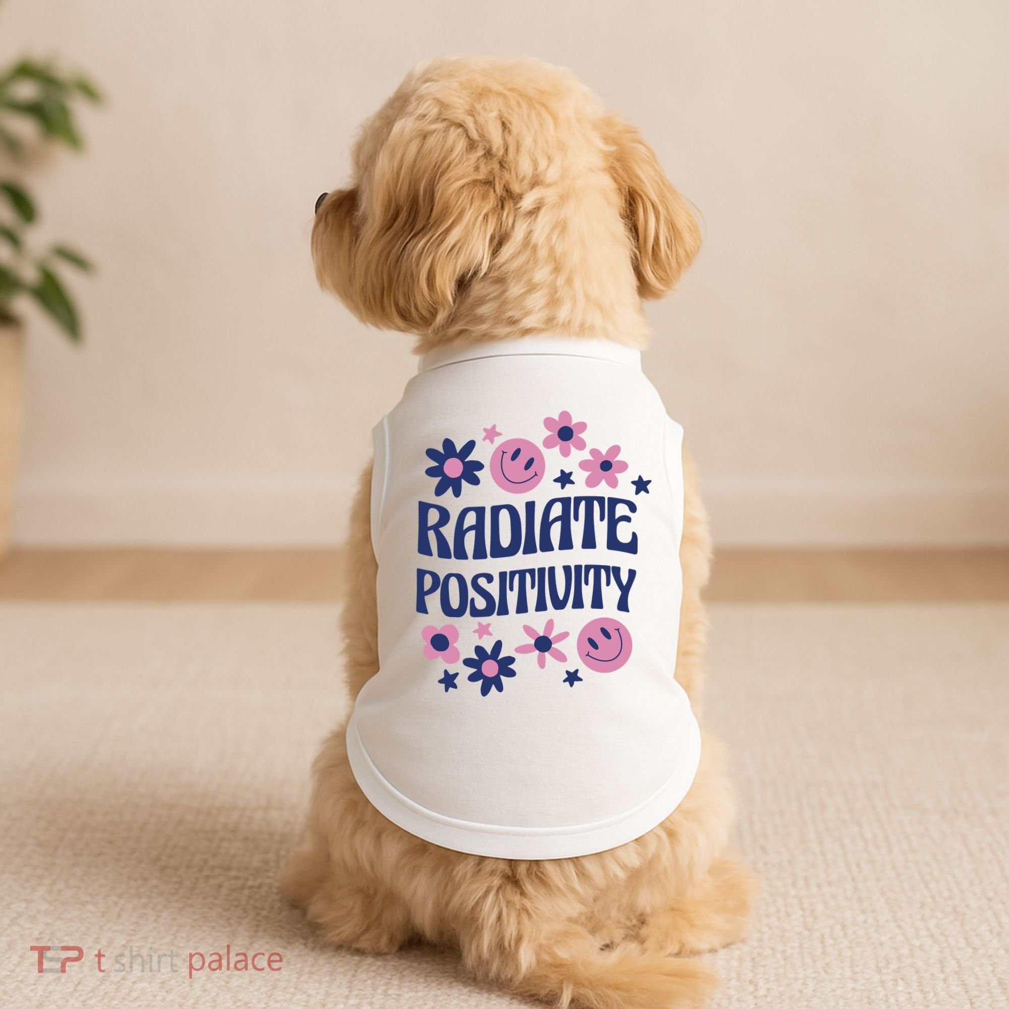 Radiate Positivity Retro Smiley Floral Quote Doggie Tank