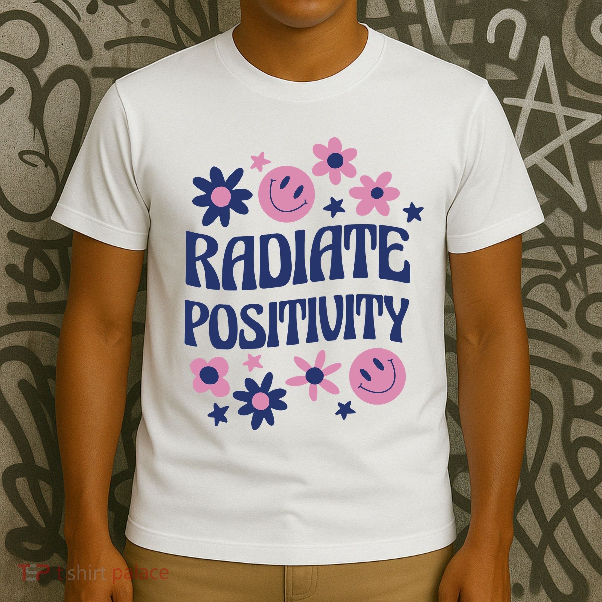 Radiate Positivity Retro Smiley Floral Quote T-Shirt