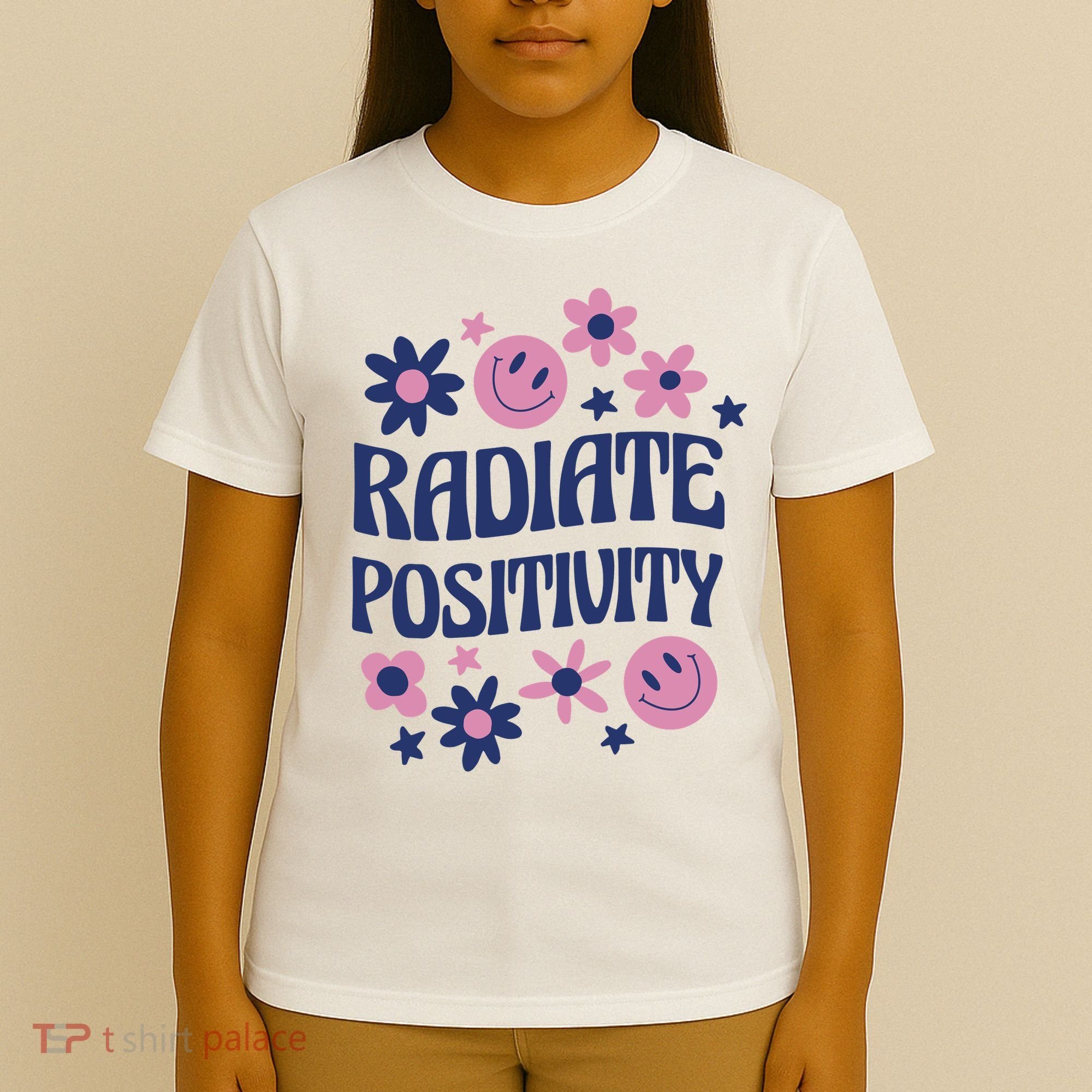Radiate Positivity Retro Smiley Floral Quote T-Shirt