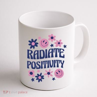 Radiate Positivity Retro Smiley Floral Quote Coffee Mug back