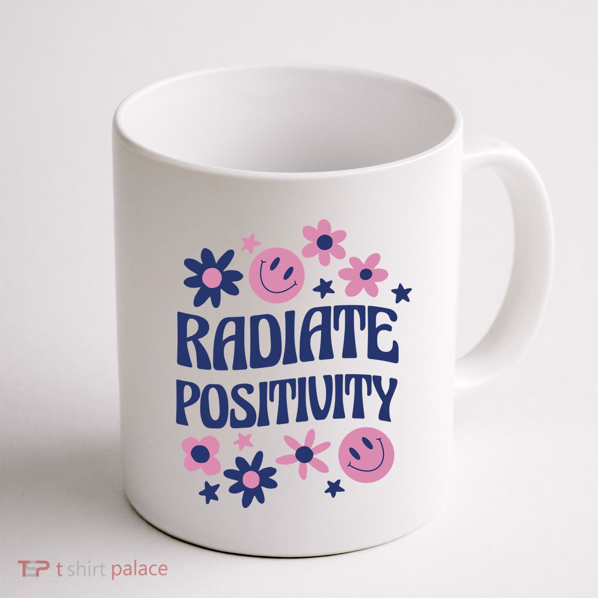 Radiate Positivity Retro Smiley Floral Quote Coffee Mug