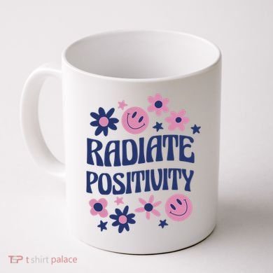 Radiate Positivity Retro Smiley Floral Quote Coffee Mug