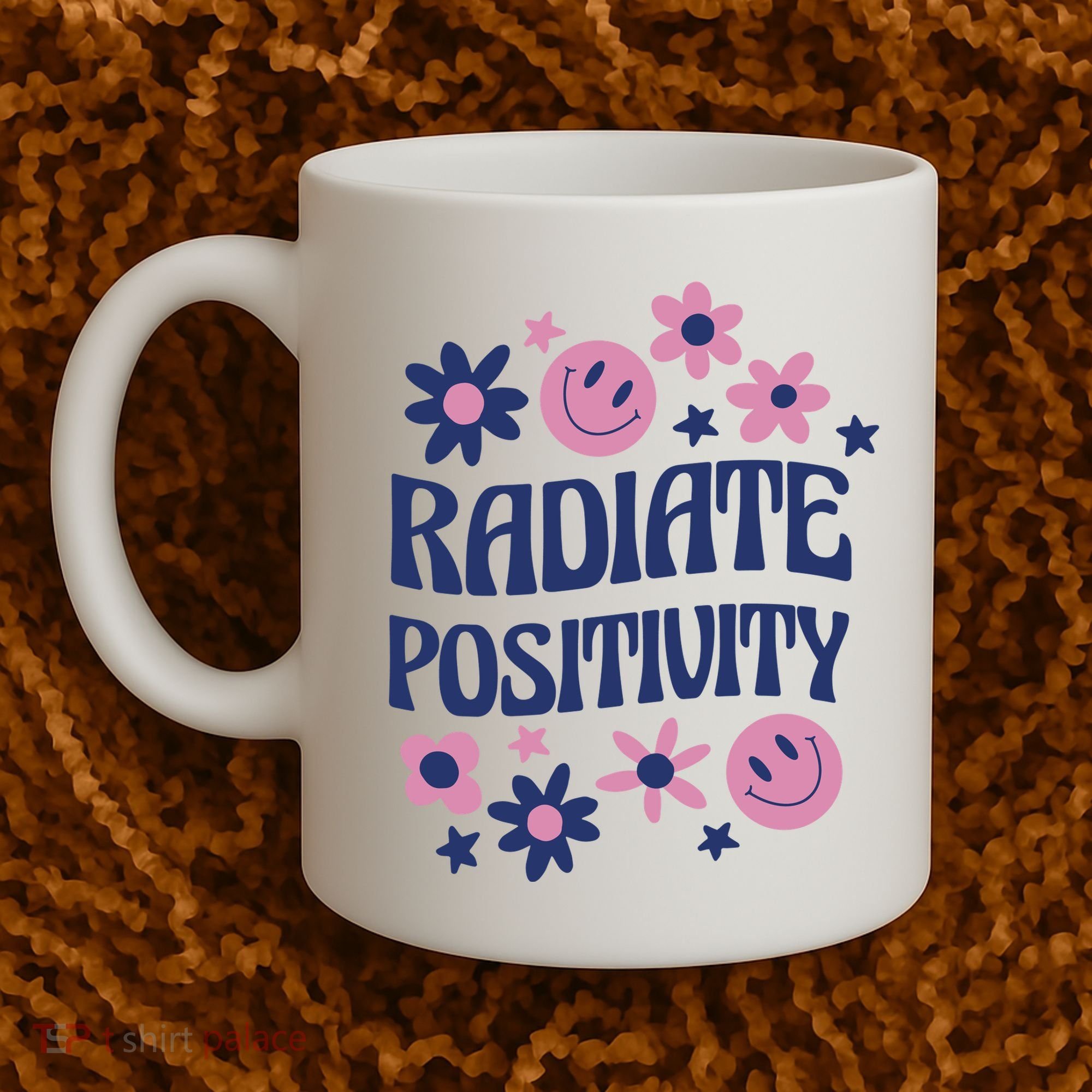 Radiate Positivity Retro Smiley Floral Quote Coffee Mug