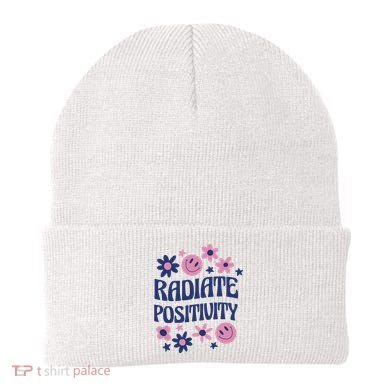 Radiate Positivity Retro Smiley Floral Quote Beanie