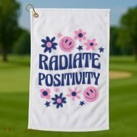 Radiate Positivity Retro Smiley Floral Quote Golf Towel thumb 1