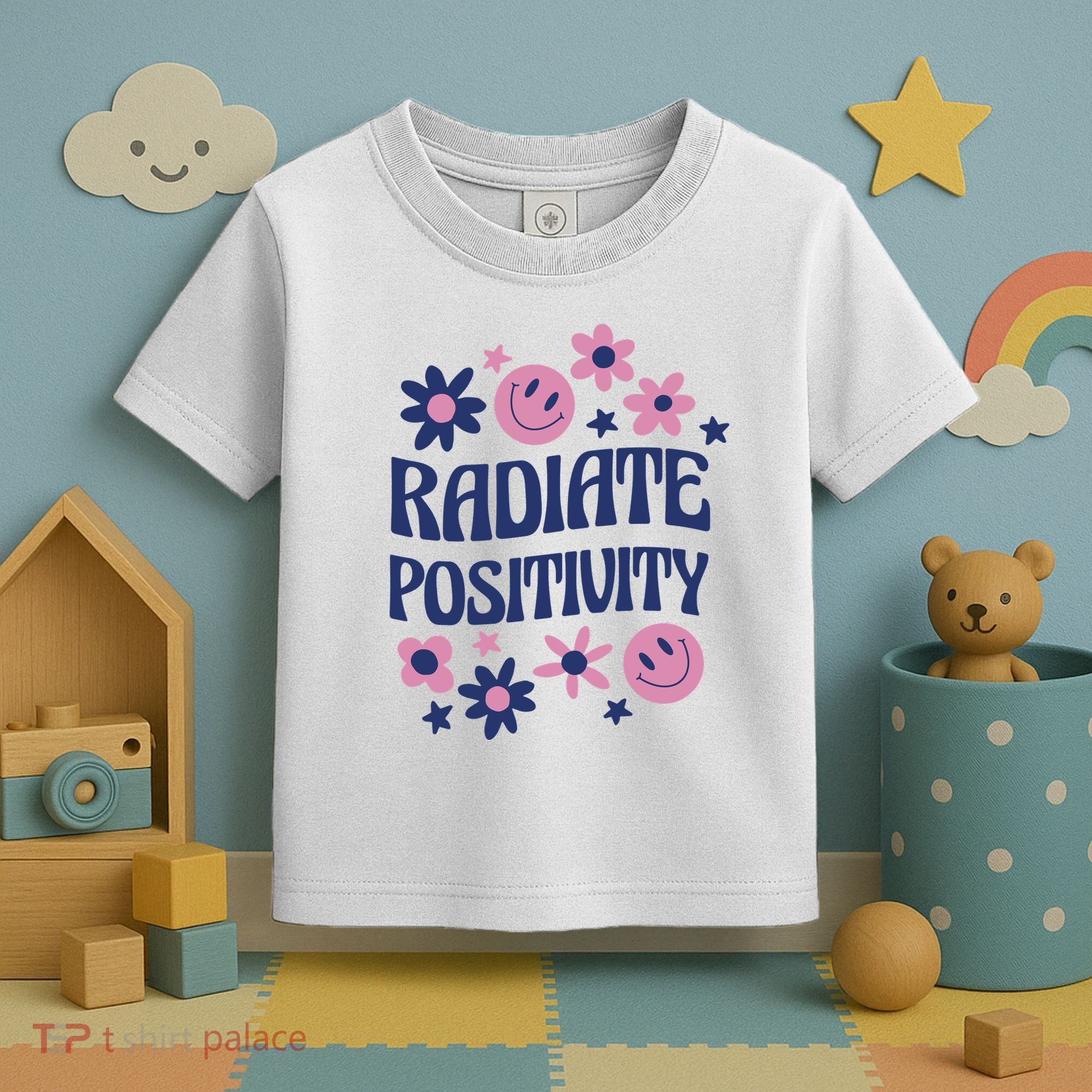 Radiate Positivity Retro Smiley Floral Quote Toddler T-Shirt