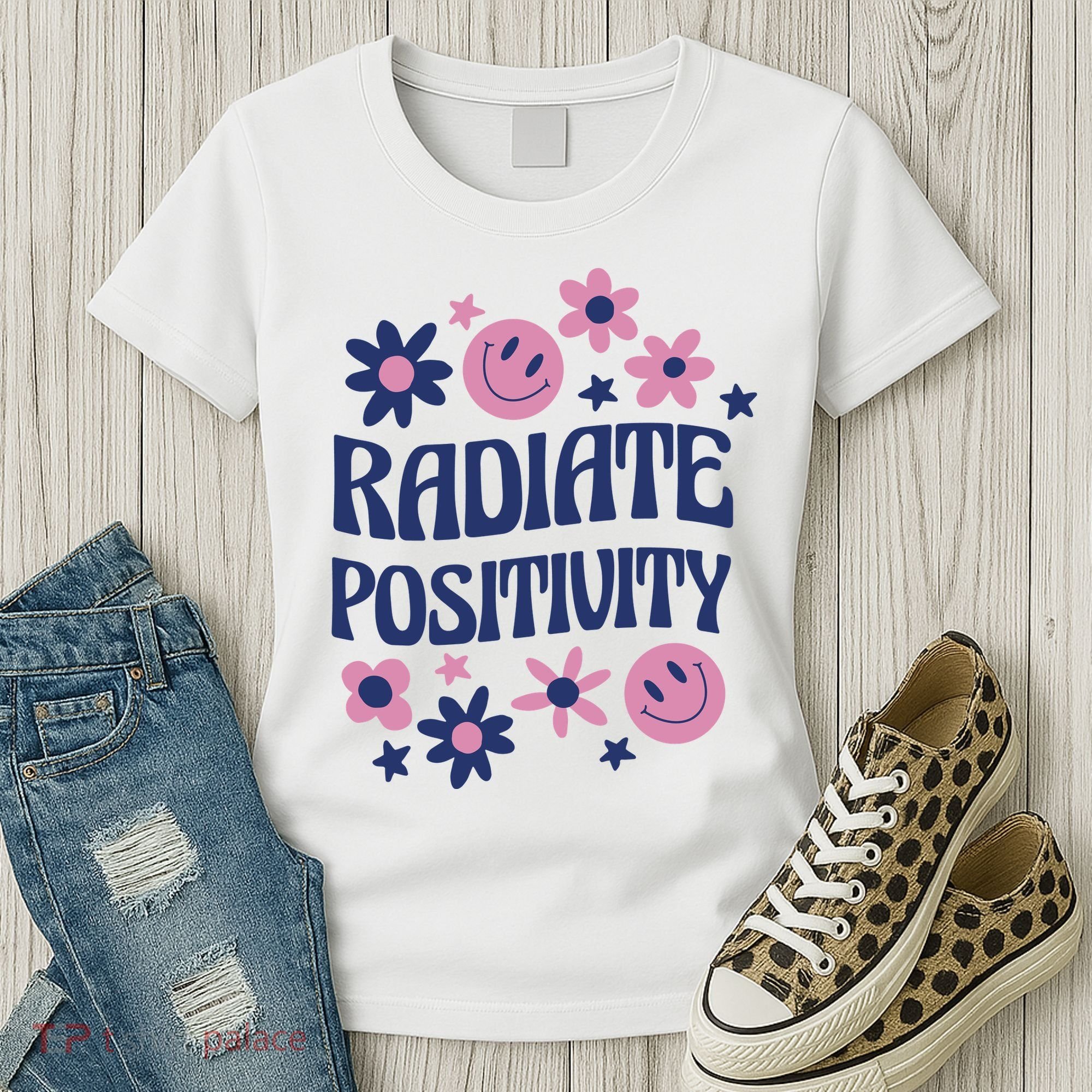 Radiate Positivity Retro Smiley Floral Quote Women's T-Shirt
