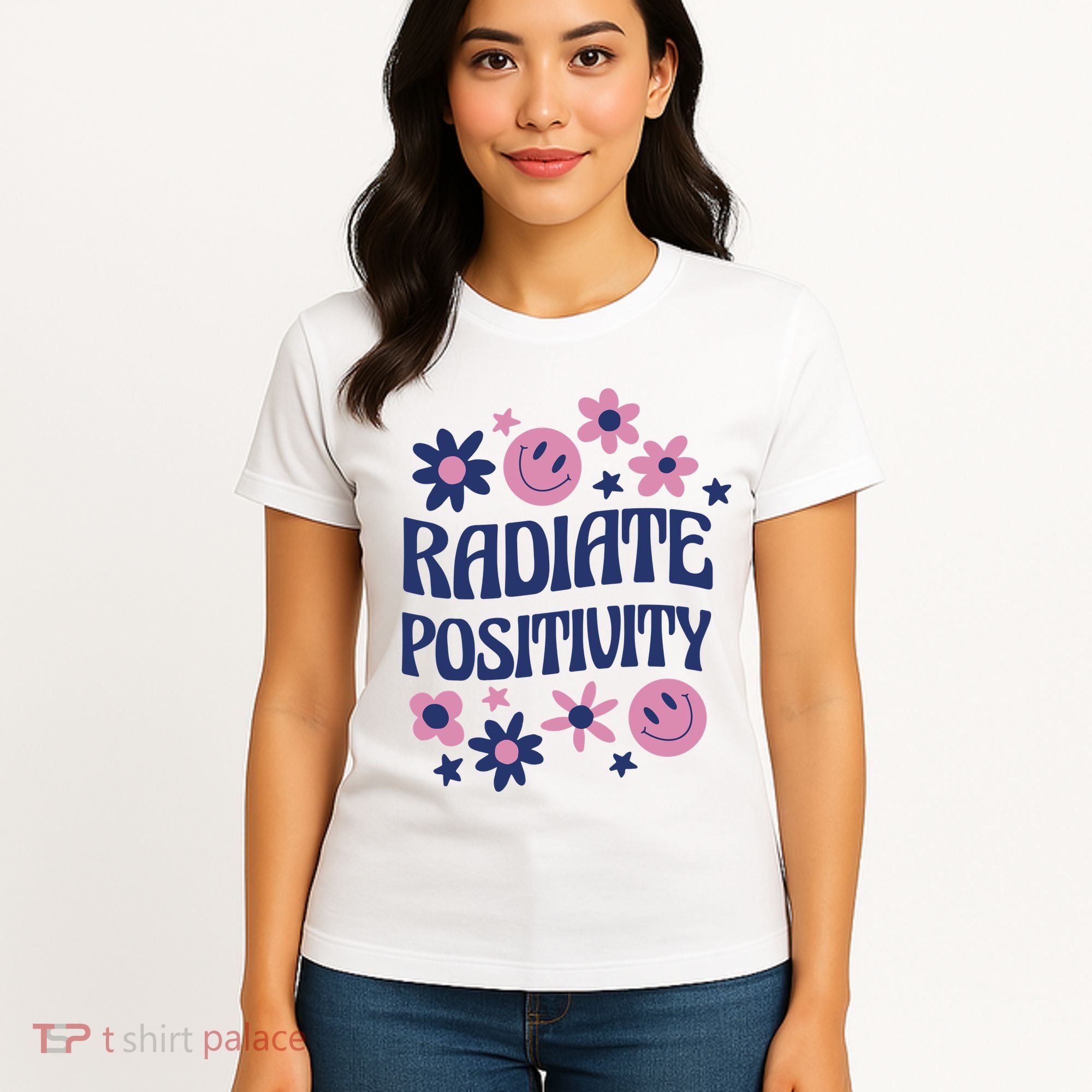 Radiate Positivity Retro Smiley Floral Quote Women's T-Shirt