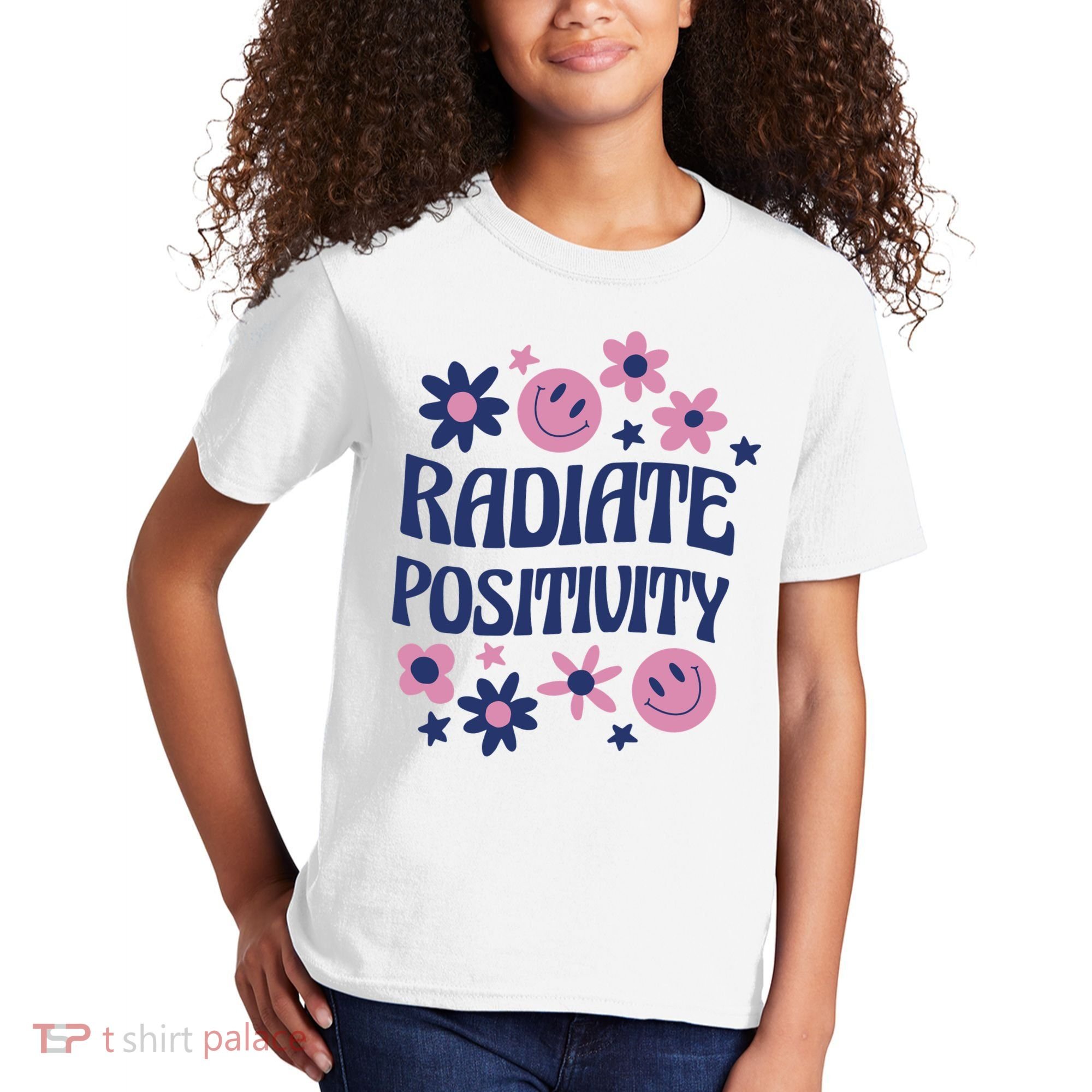 Radiate Positivity Retro Smiley Floral Quote Kids T-Shirt