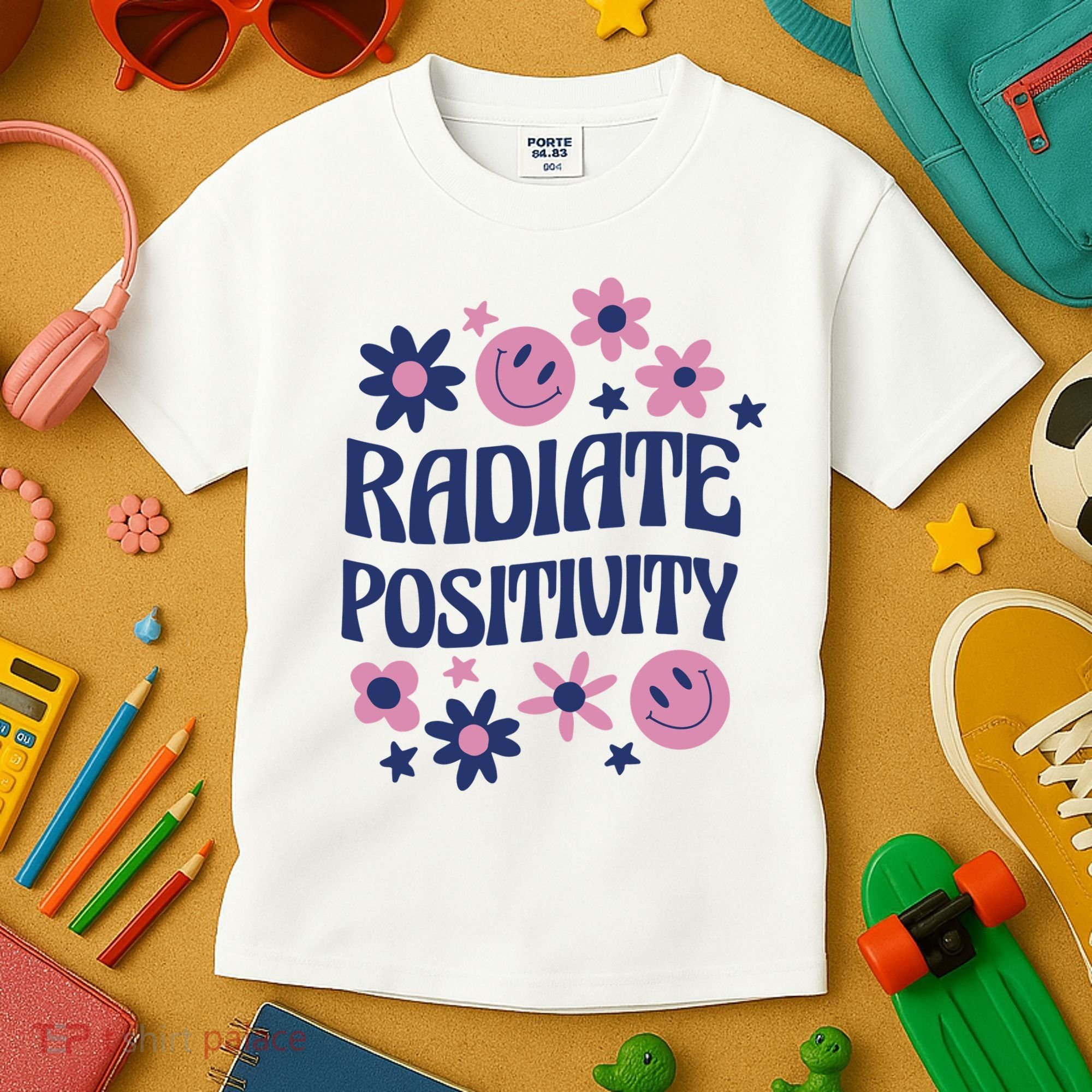 Radiate Positivity Retro Smiley Floral Quote Kids T-Shirt