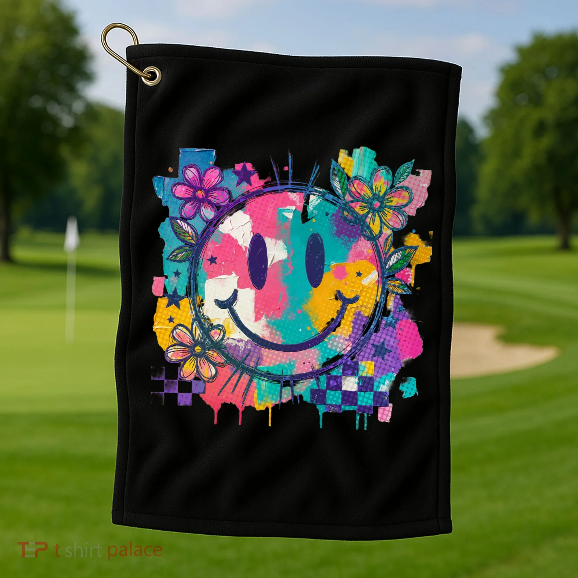 Retro Painted Smiley Emoji Golf Towel