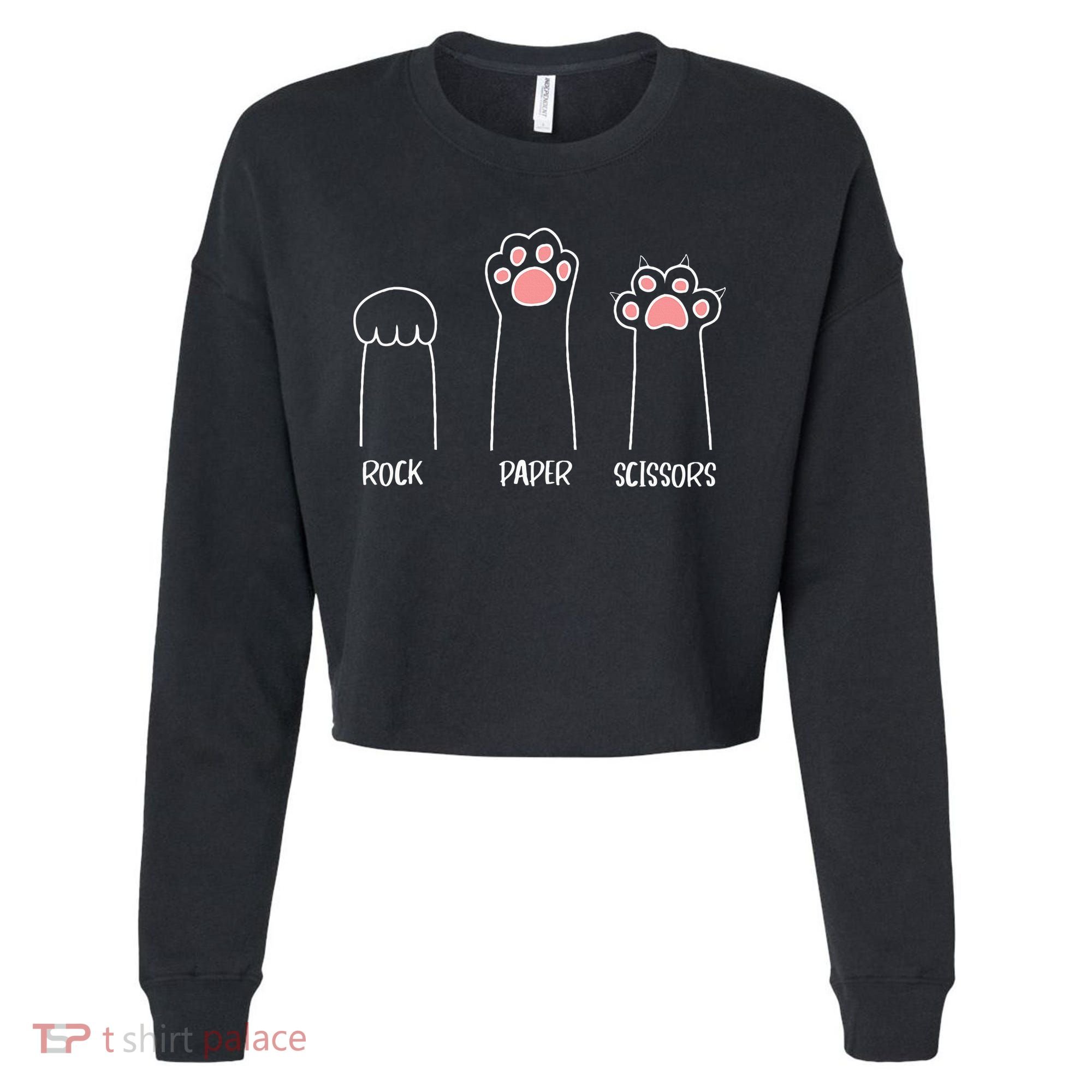 Rock Paper Scissors Hand Game Cute Paw Funny Cat Cropped Pullover Crew