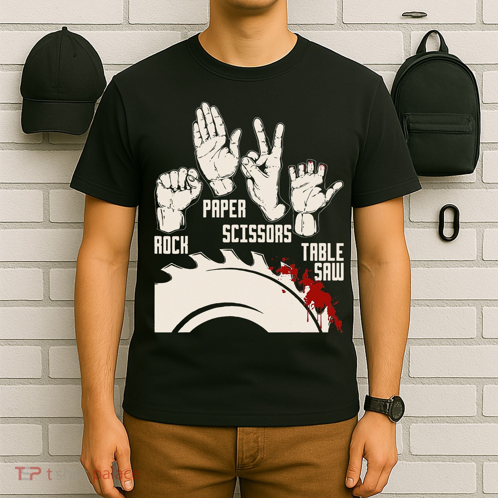 Rock Paper Scissors Table Saw Funny Woodworking Carpenter T-Shirt
