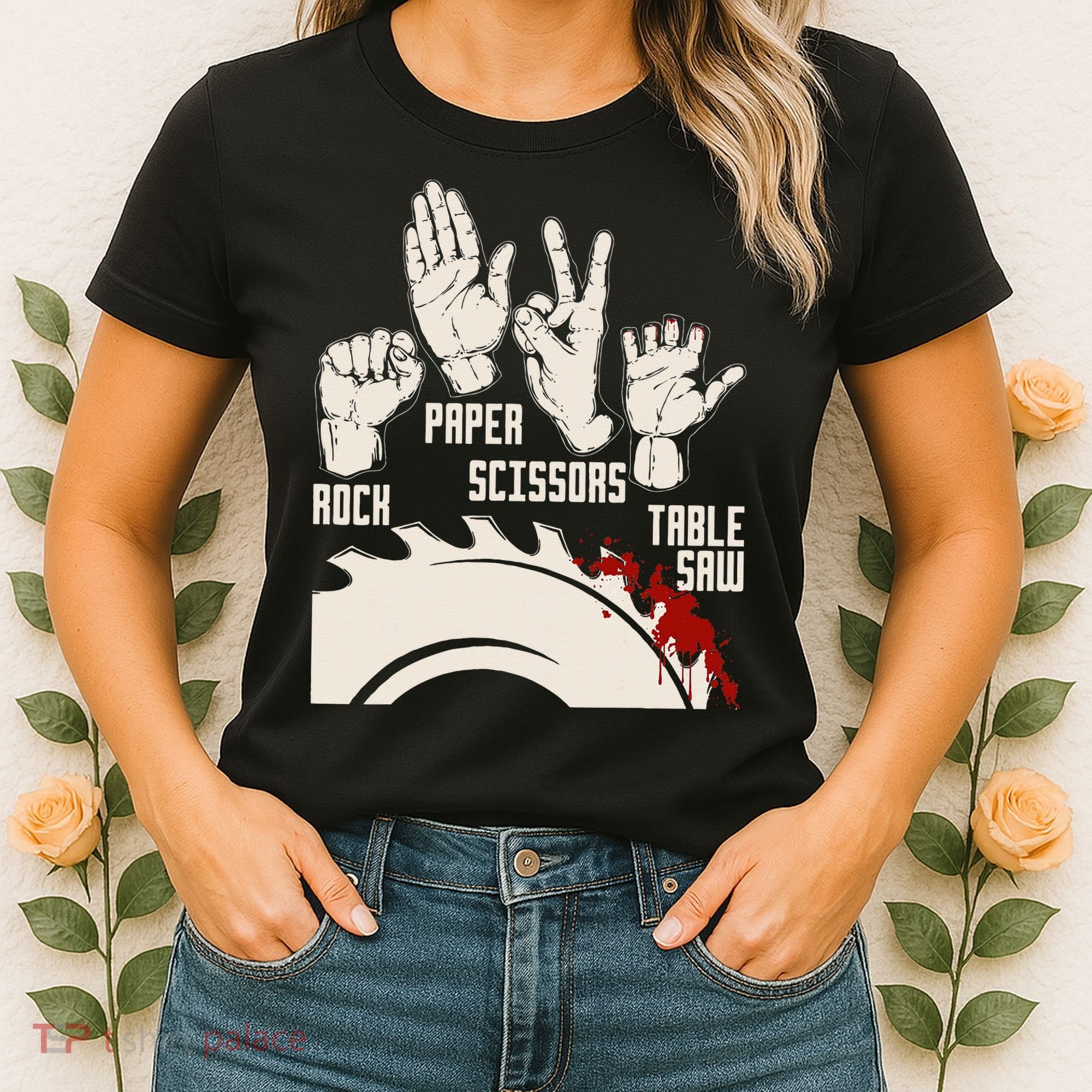 Rock Paper Scissors Table Saw Funny Woodworking Carpenter Women's T-Shirt