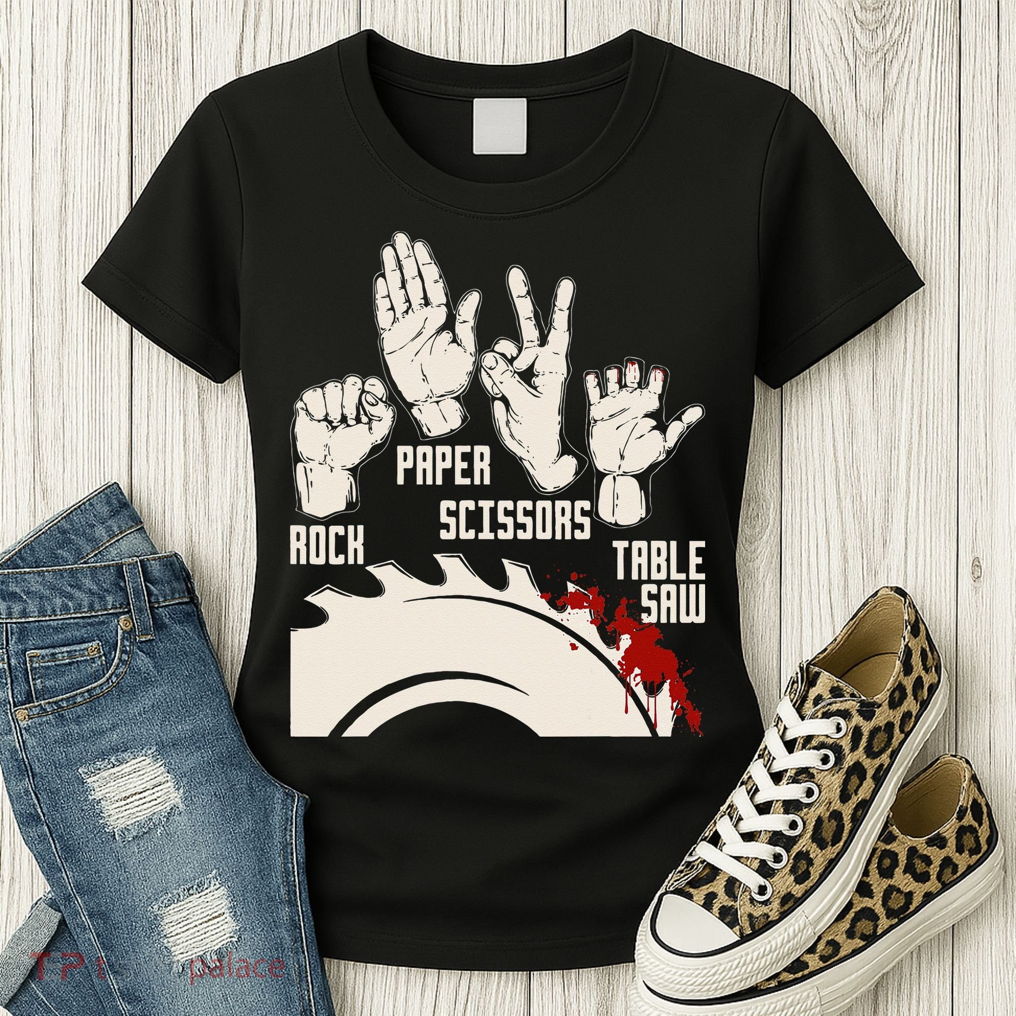 Rock Paper Scissors Table Saw Funny Woodworking Carpenter Women's T-Shirt