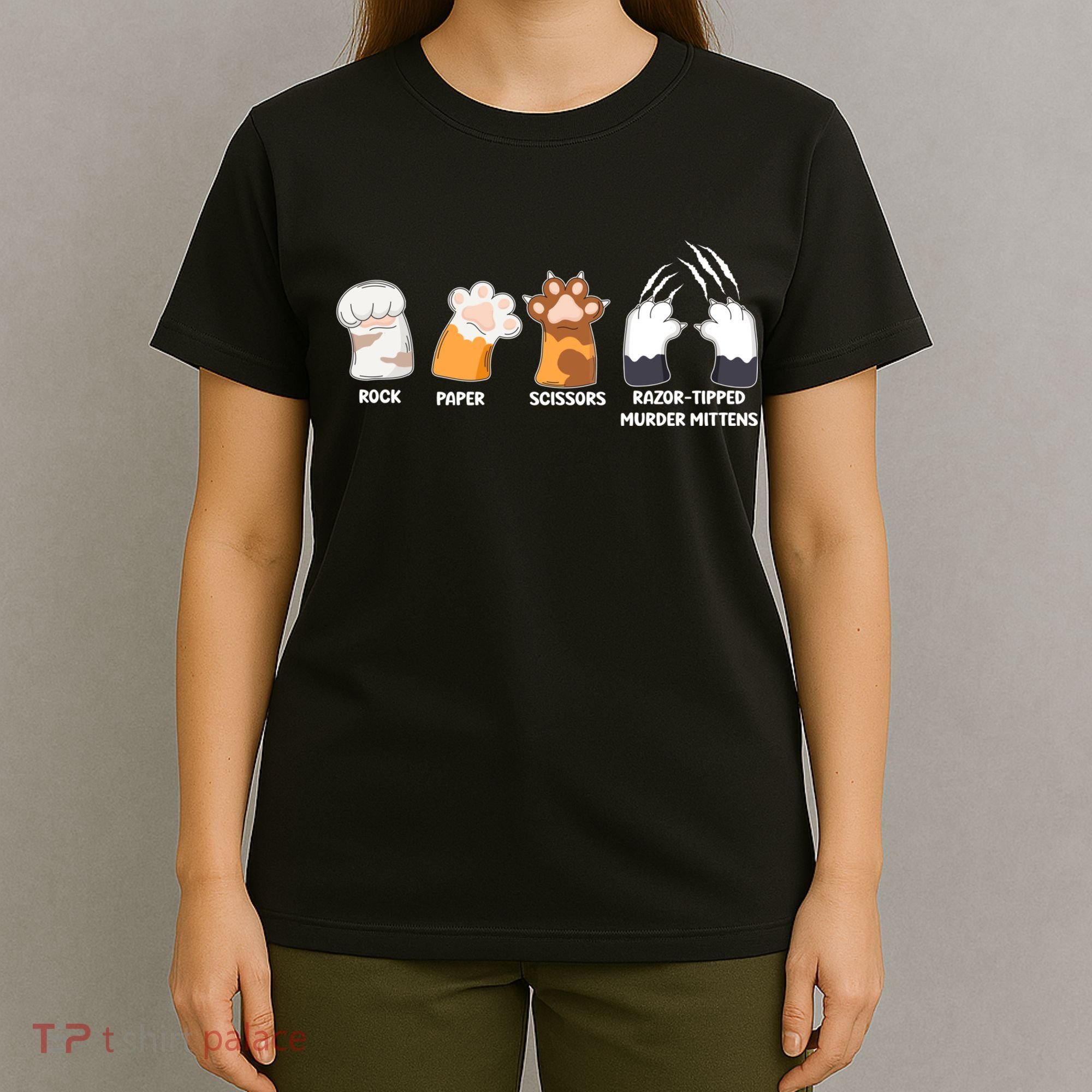Rock Paper Scissors Razor Tipped Murder Mittens Fun Cat Paws T-Shirt