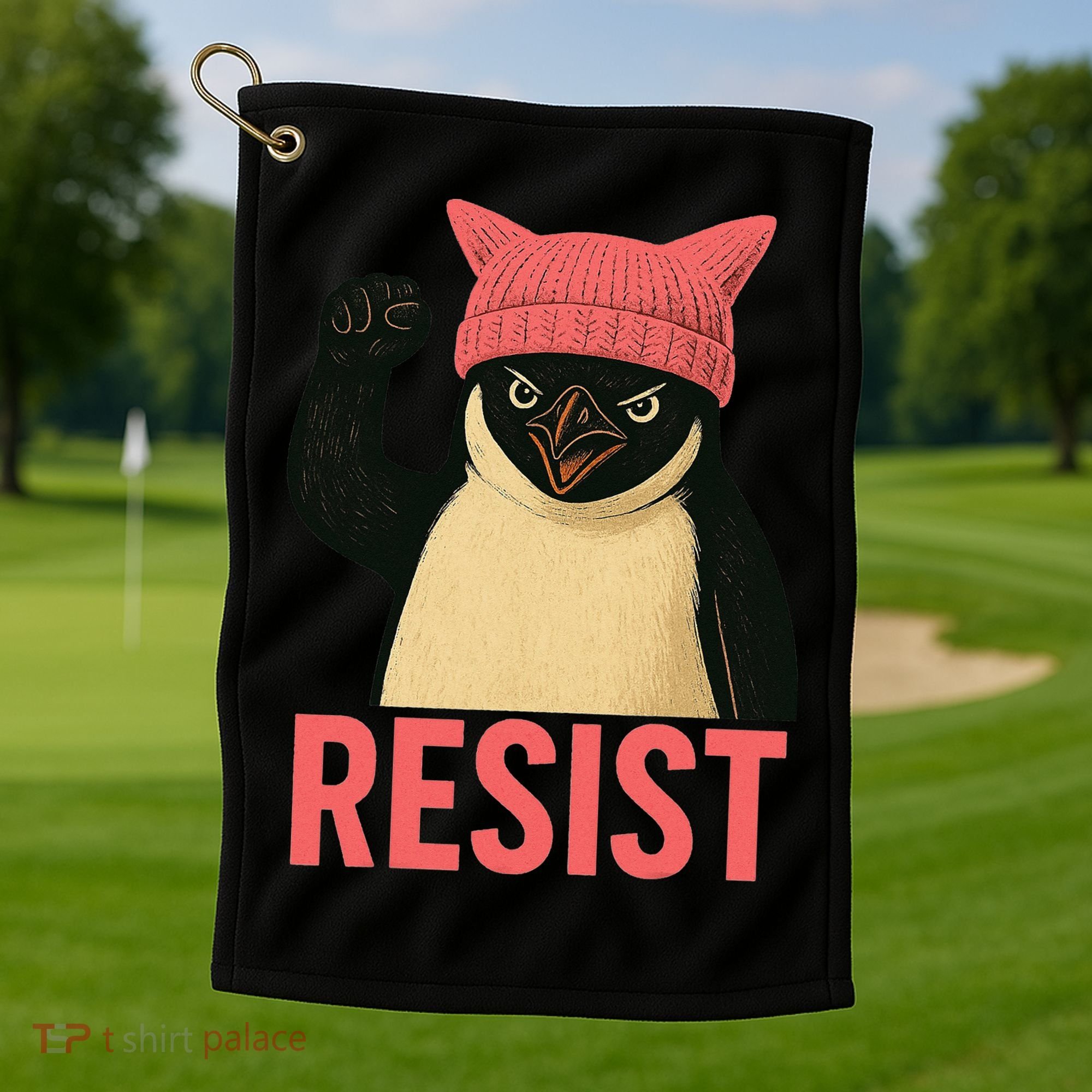 Resist Penguin Tariff Hands Off Protest March Hat USA Golf Towel