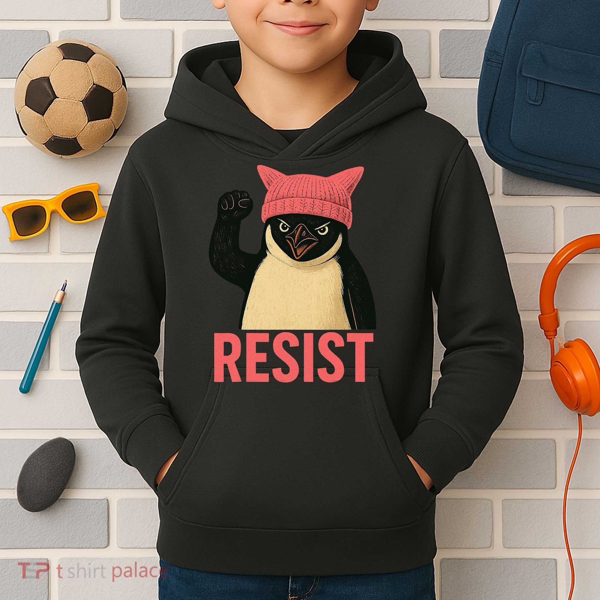 Resist Penguin Tariff Hands Off Protest March Hat USA Kids Hoodie