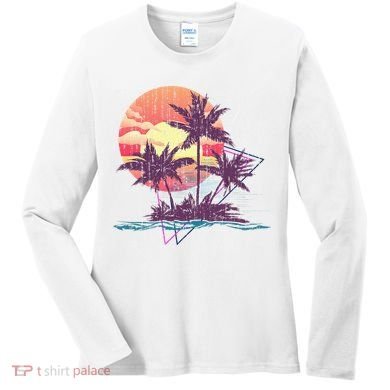 Retro Palm Trees Beach Sunset Tropical Summer Women's Long Sleeve Shirt