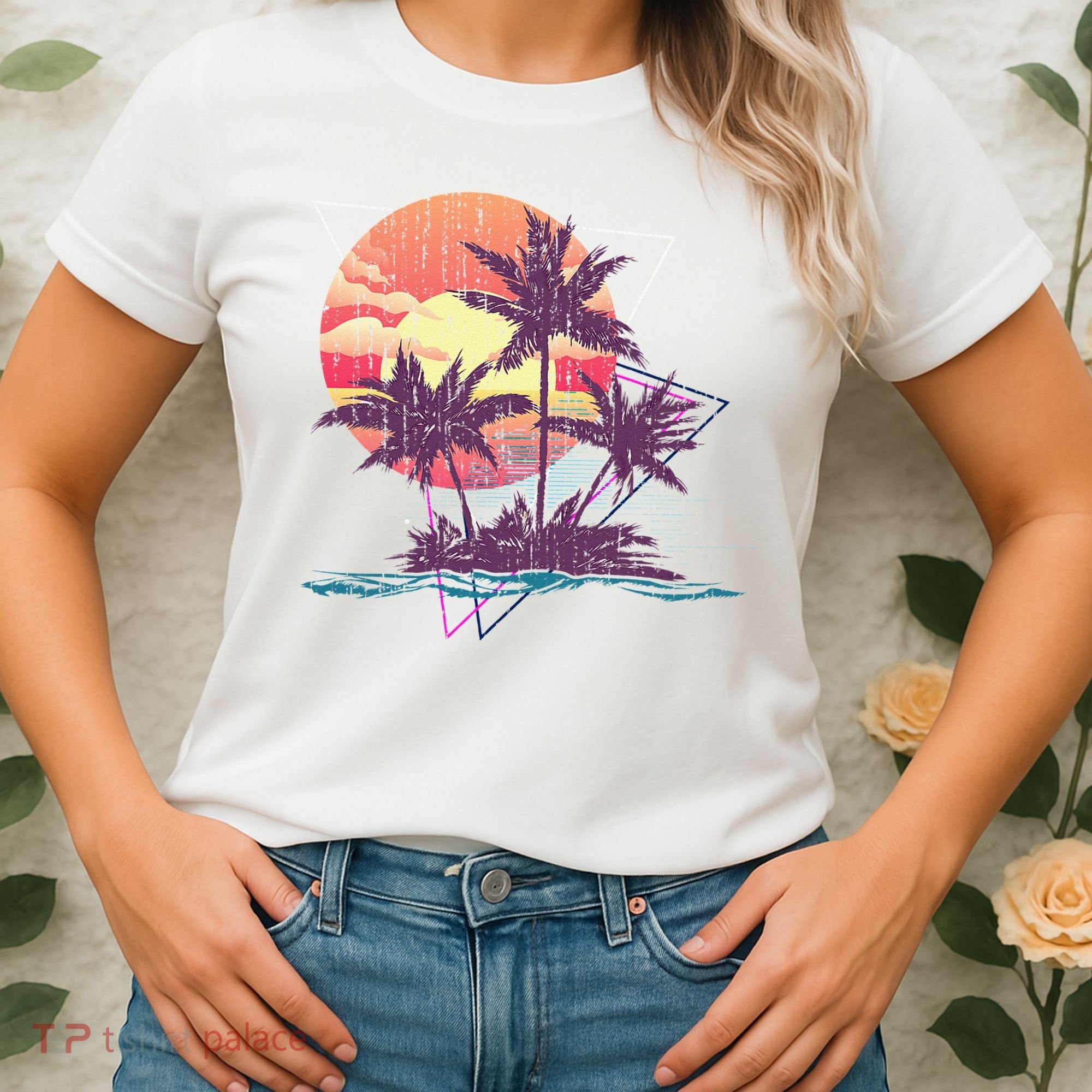 Retro Palm Trees Beach Sunset Tropical Summer Women's T-Shirt