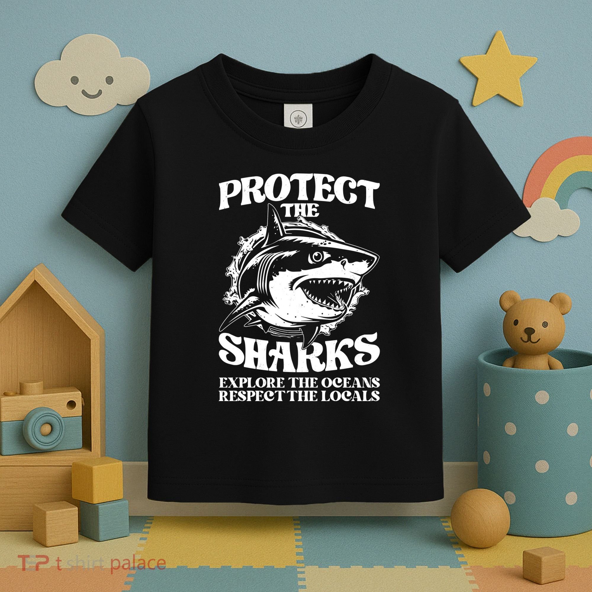Retro Protect The Sharks Explore The Oceans Respect The Locals Shark Week Lover Toddler T-Shirt